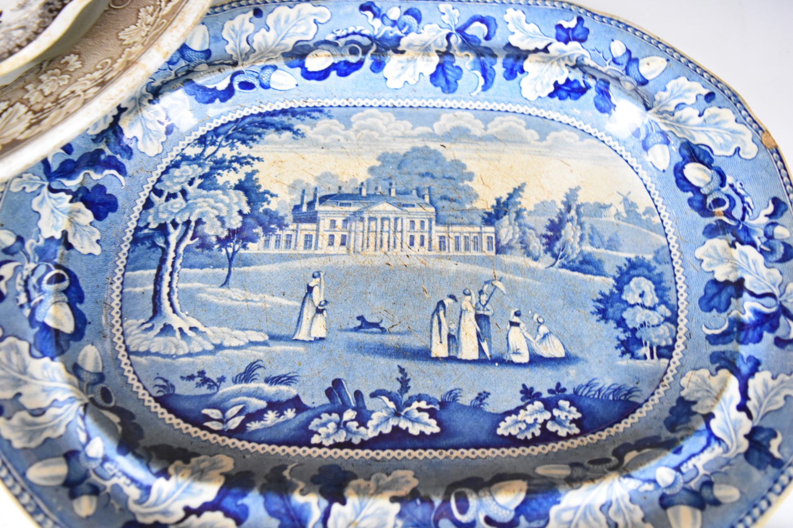 19thC transfer printed sepia meat platter the well decorated with Trentham Hall scene and a - Image 7 of 16