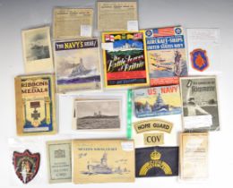 WW1 and WW2 military ephemera including booklets, postcards, German Nazi, armbands etc