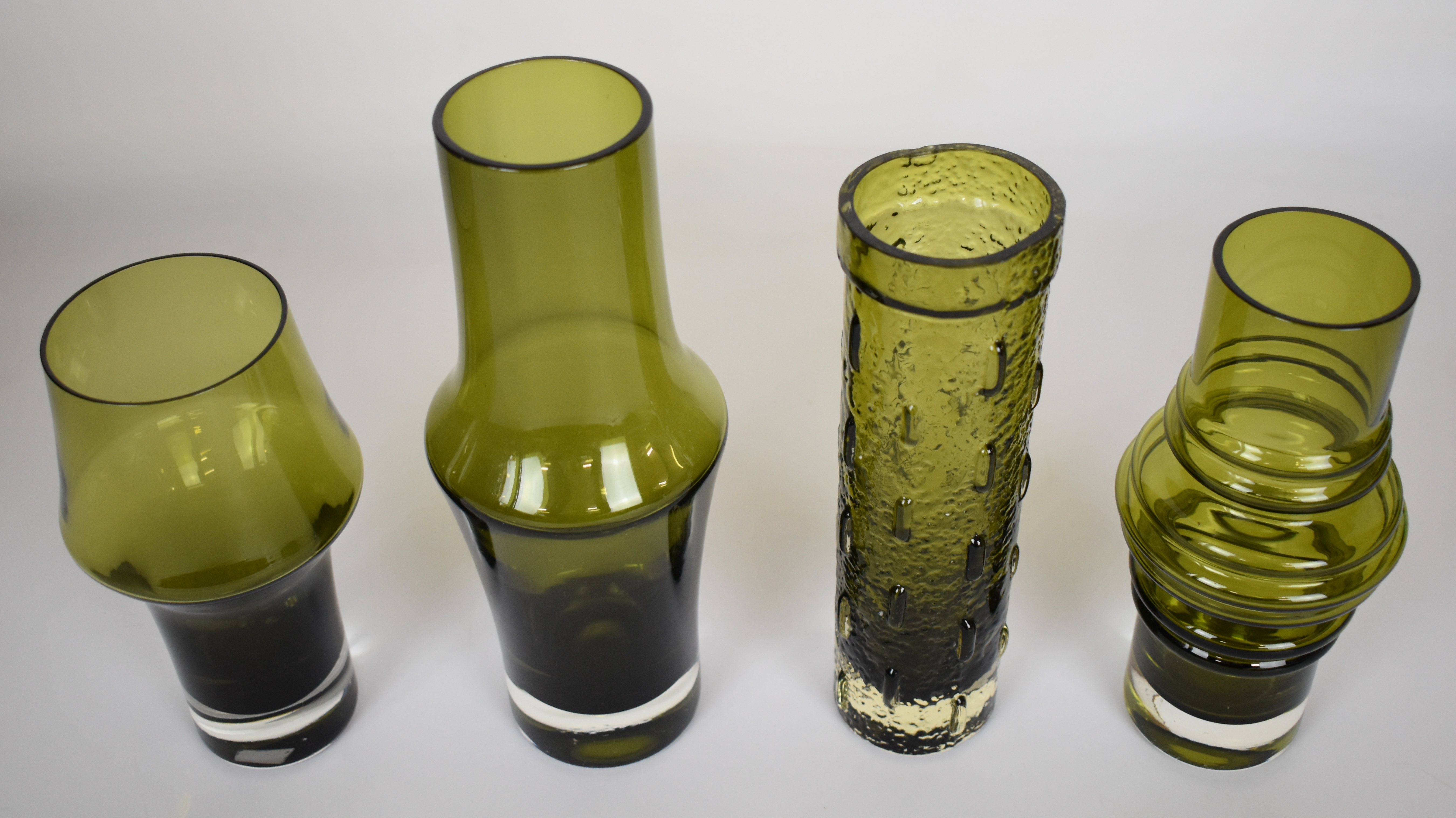 Four Tamara Aladin for Riihimaen Lasi Riihimaki glass vases in sage green, largest 25cm tall. - Image 2 of 4