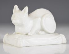 19thC Russian Popov miniature figure of a recumbent cat on base, label underside 'Popoff 1806-1872',