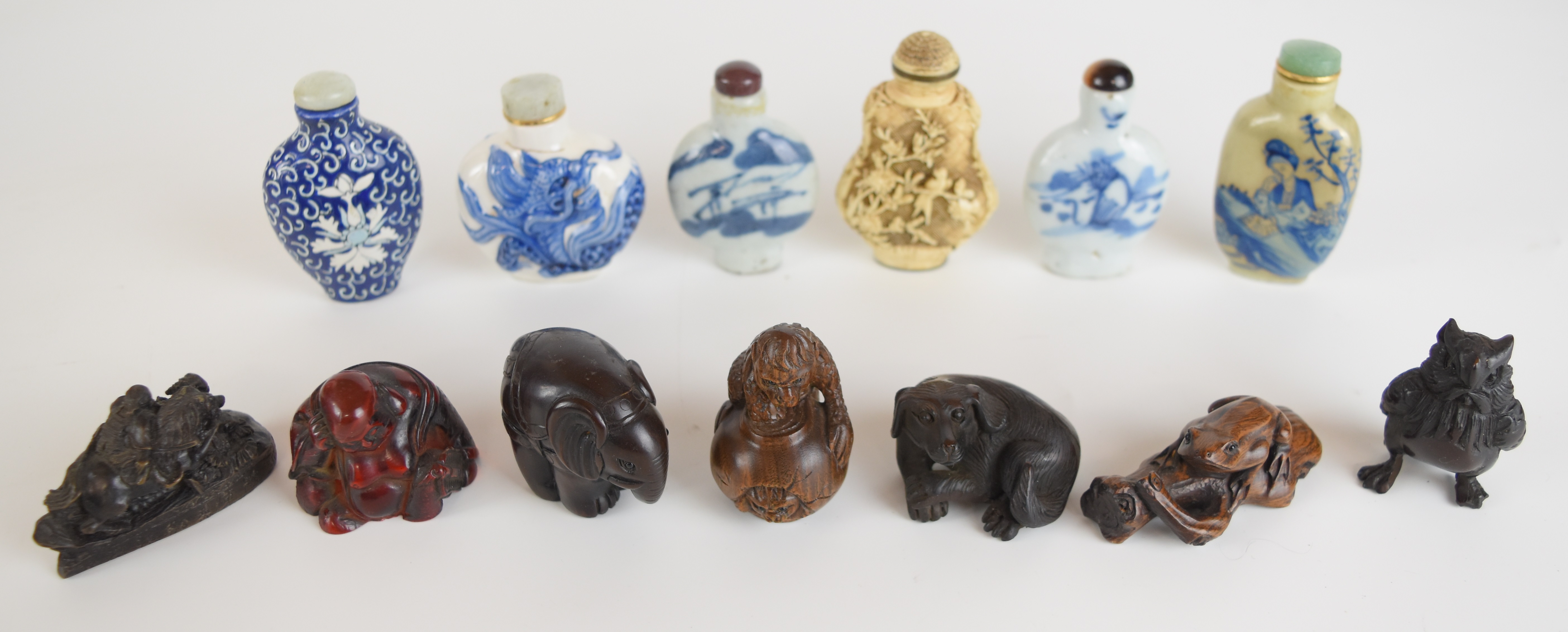 Collection of Chinese and Japanese snuff bottles, netsukes and amber or similar Buddha figure, - Image 3 of 4