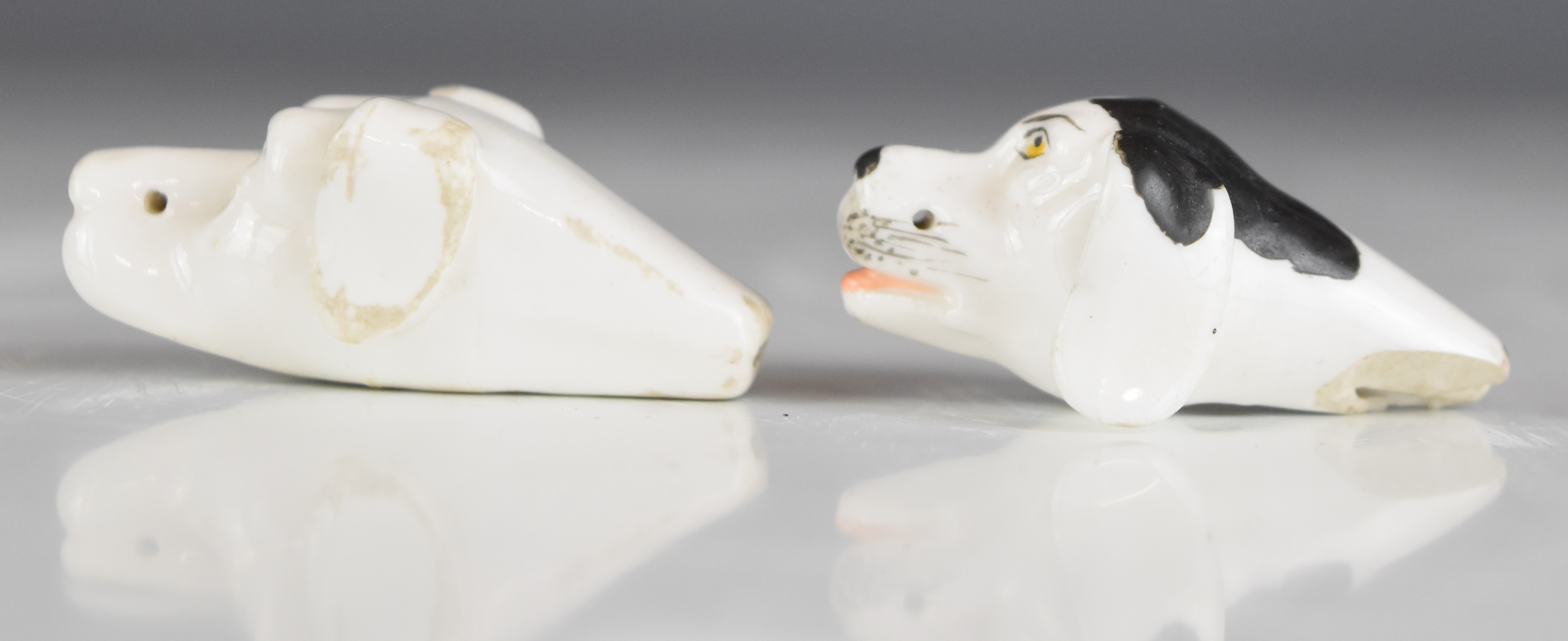 Two 19thC porcelain Worcester / Derby dog whistles, longest 5cm - Image 2 of 6