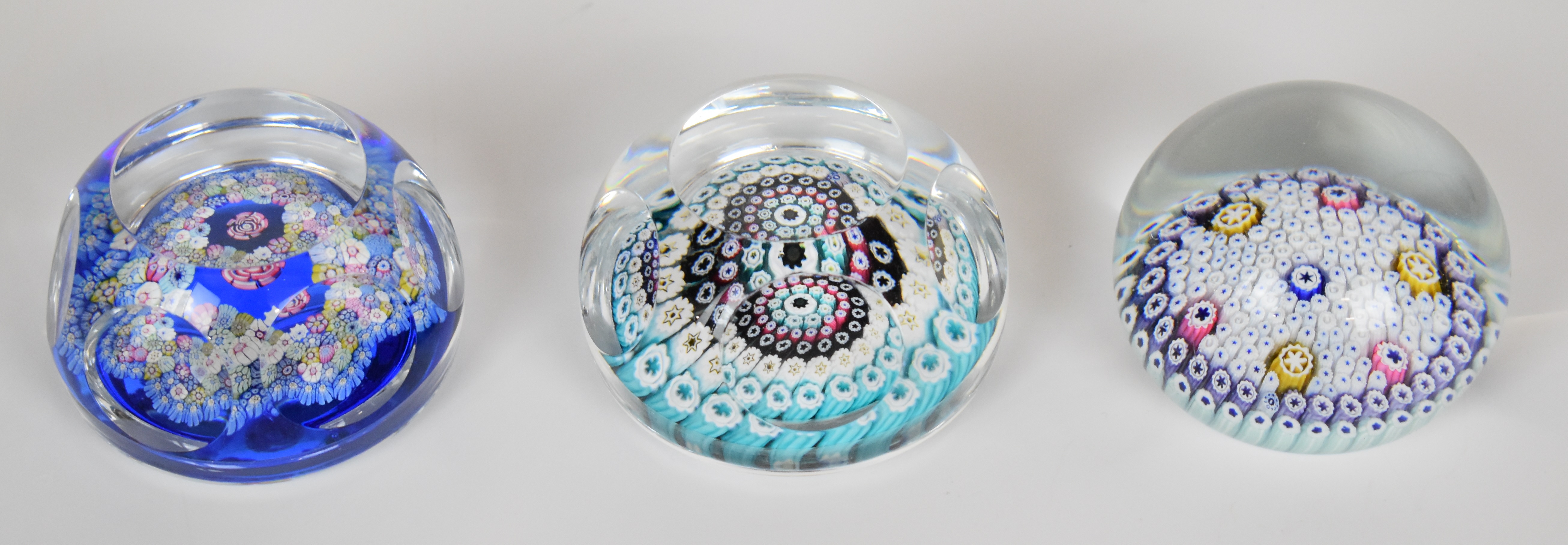 Three Whitefriars or similar millefiori glass paperweights, two with faceted decoration, largest - Image 4 of 6