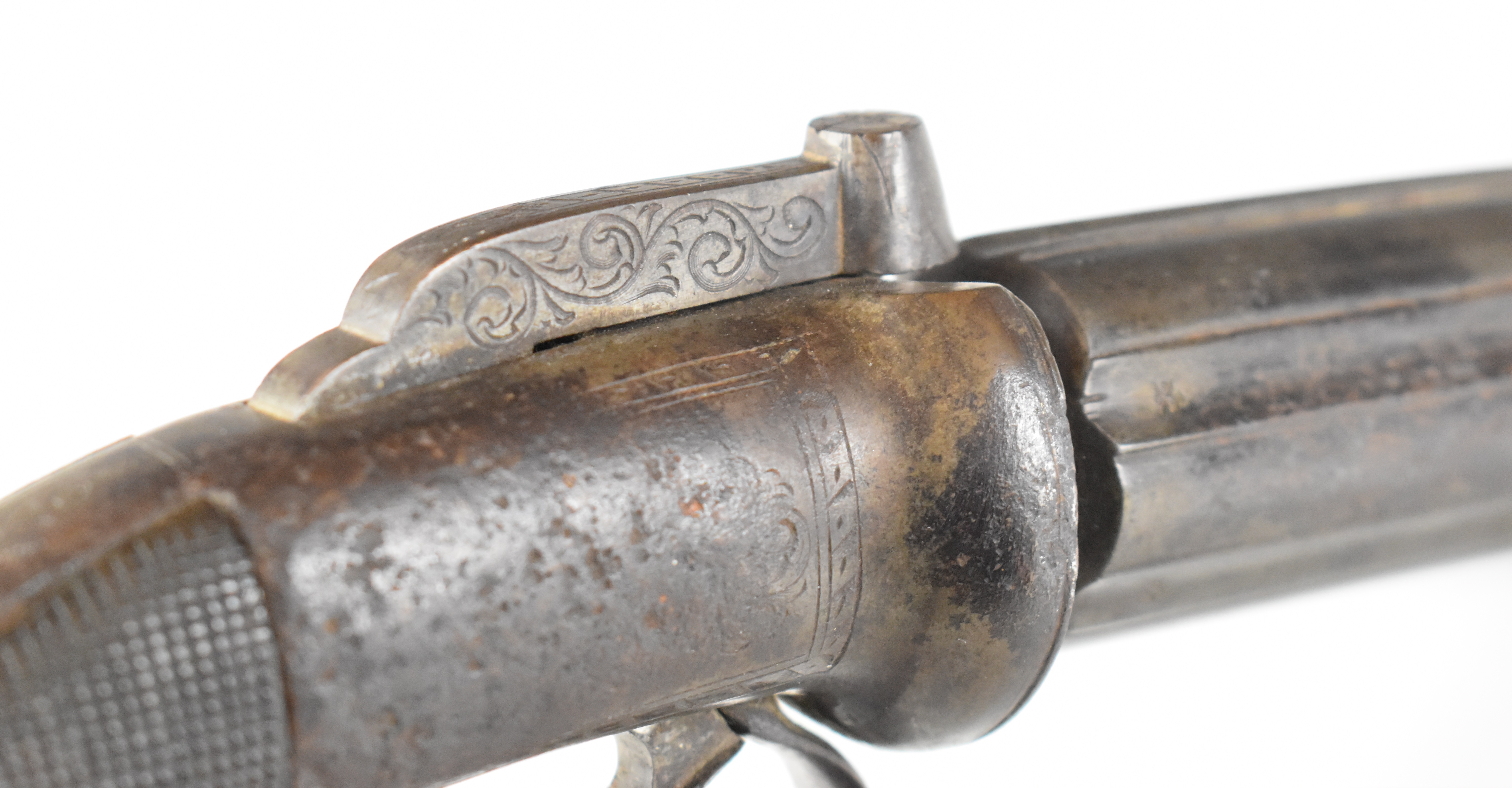Unnamed six-shot bar hammer action percussion pepperbox revolver or pistol with engraved lock, top - Image 12 of 15