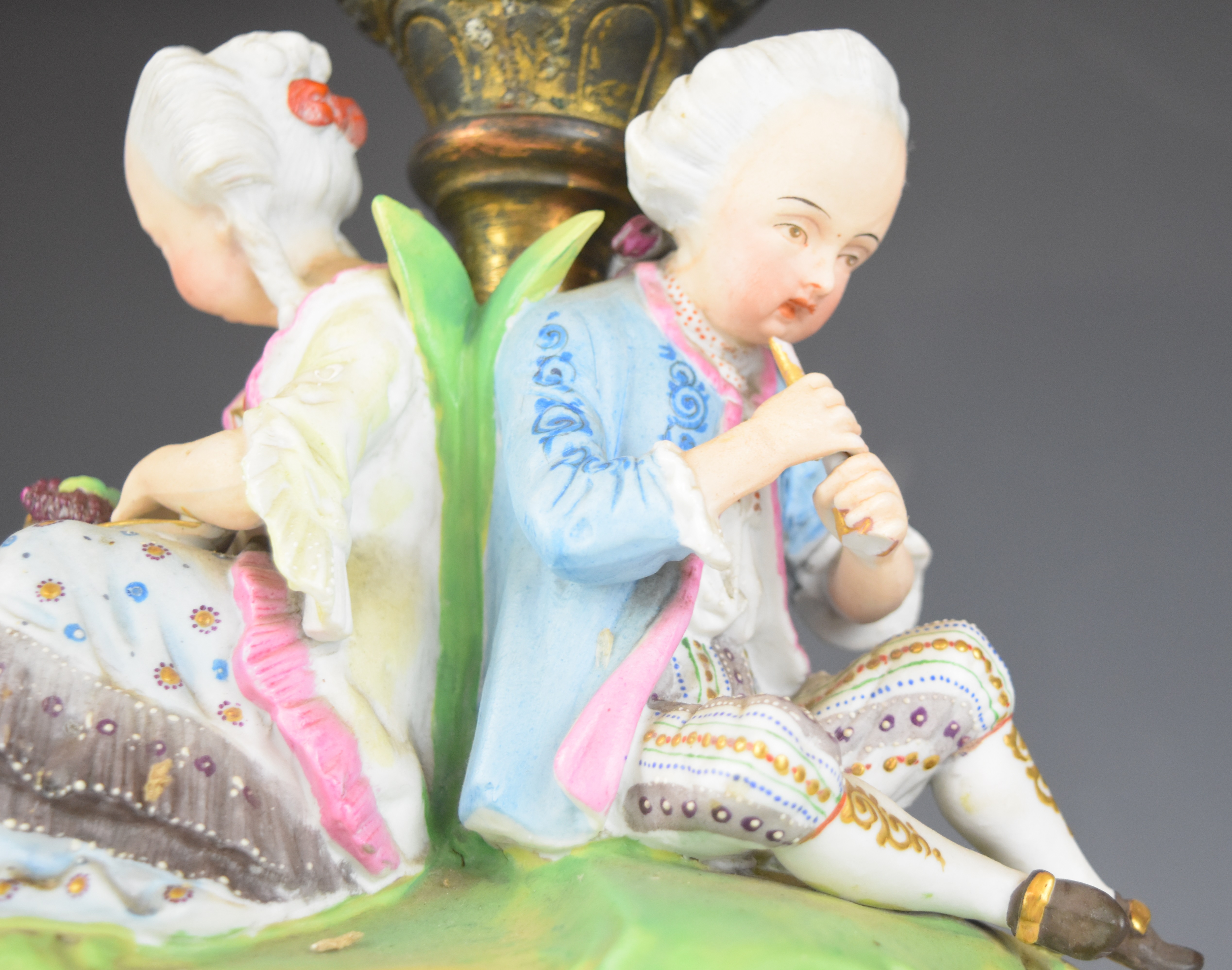 19thC German figural porcelain centrepiece with overlaid, cut and gilded flared glass insert, - Image 9 of 20