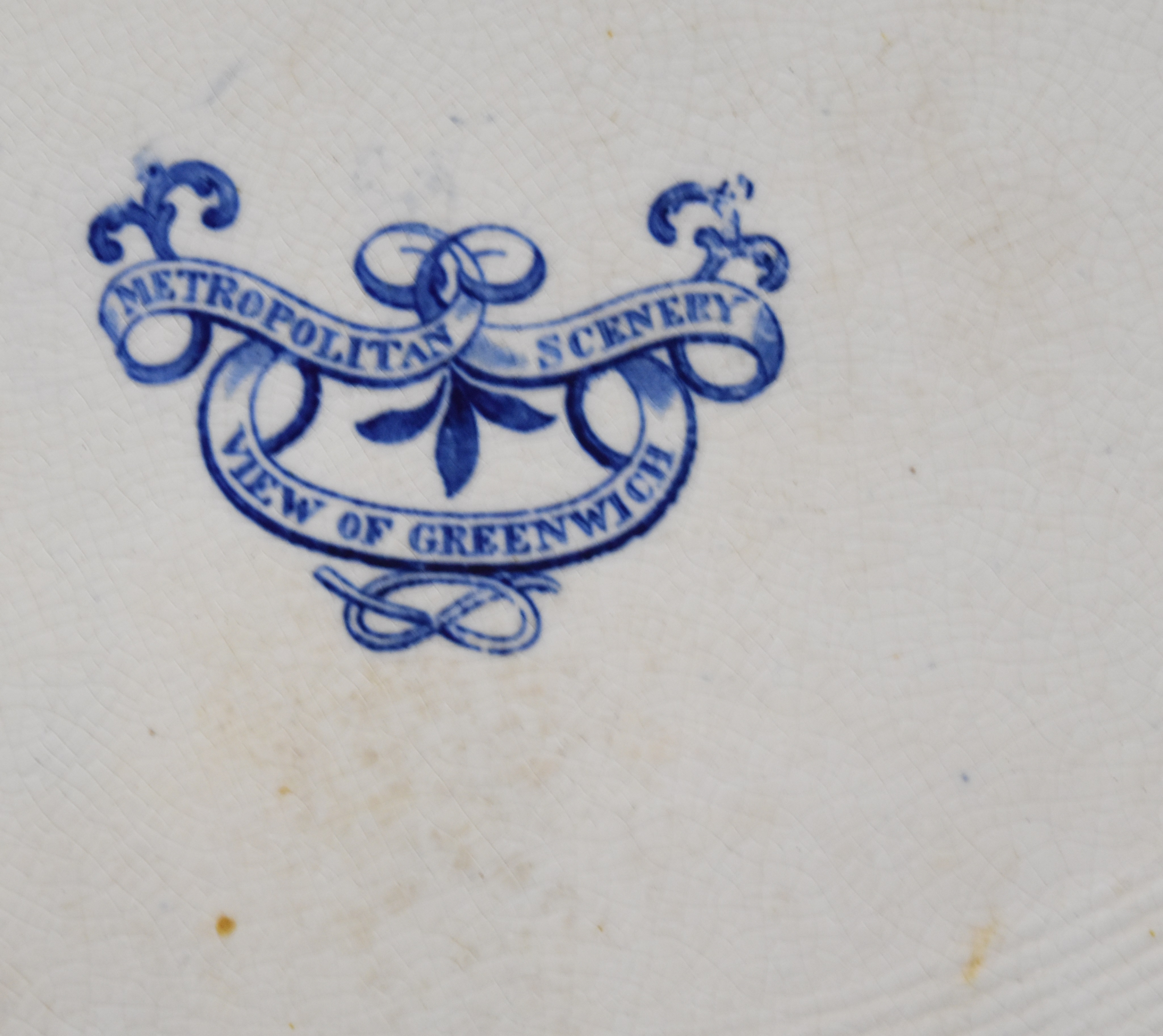 19thC blue and white transfer printed meat platter 'Metropolitan Scenery, view of Greenwich', 45 x - Image 6 of 6