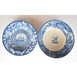 19thC blue and white pedestal bowl and dish entitled 'Bohemian Chatterer' and The Robert Bruce,