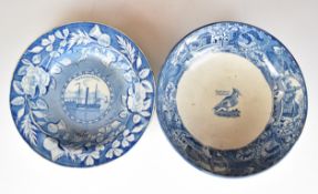 19thC blue and white pedestal bowl and dish entitled 'Bohemian Chatterer' and The Robert Bruce,