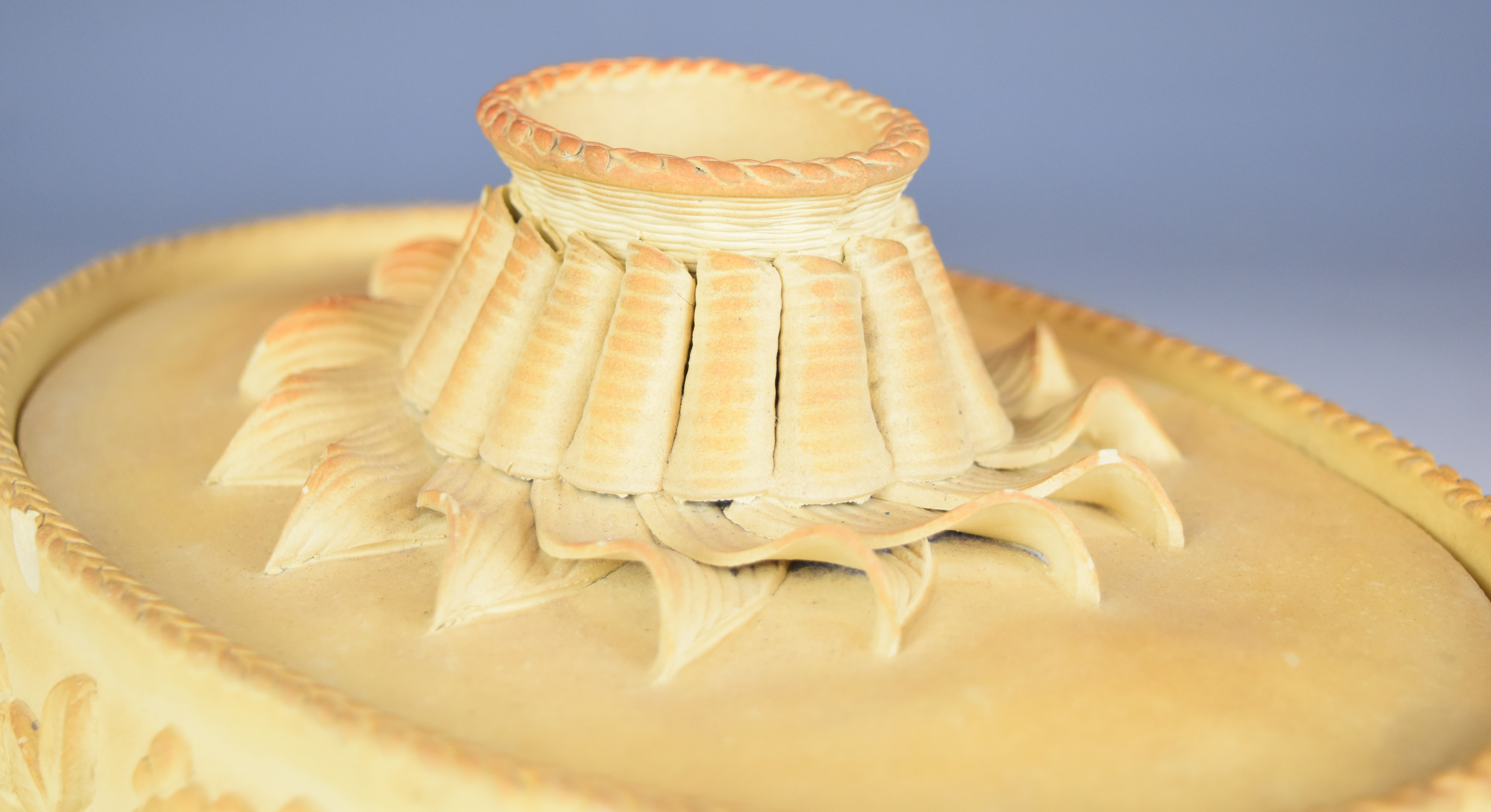 19thC caneware game pie dish and cover with decoration in relief and ornate flower petal finial, L26 - Image 8 of 10