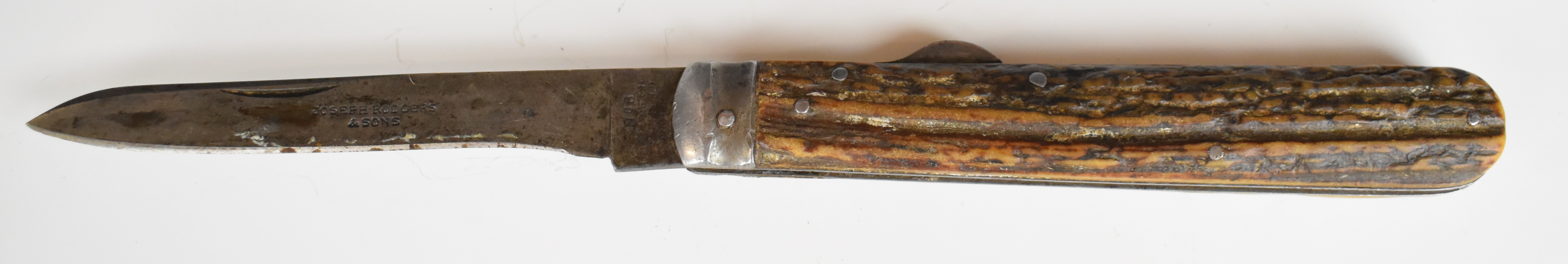 Joseph Rogers & Sons hunting knife with stags antler handle and 11cm blade stamped 'Joseph - Image 2 of 10