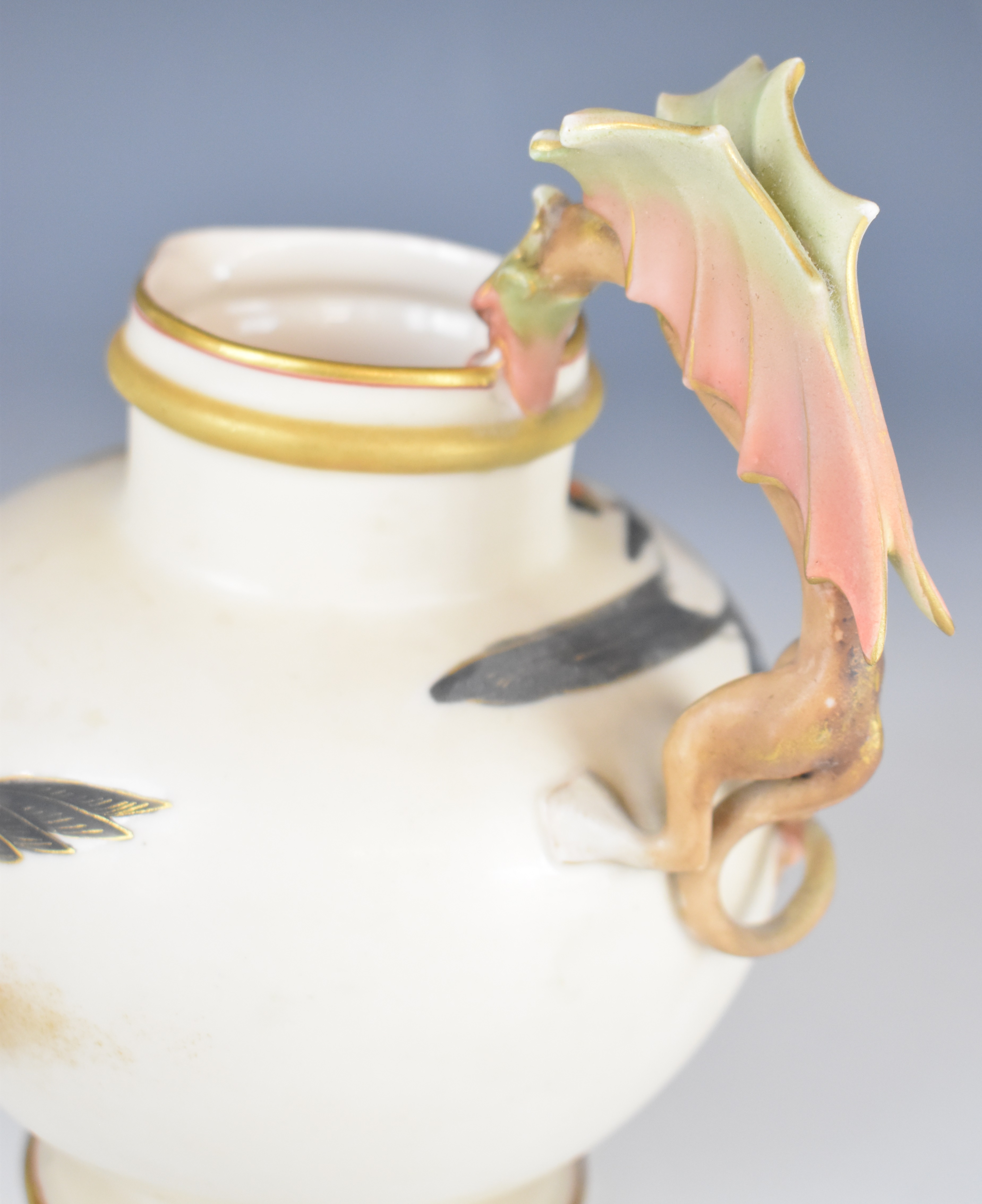 Royal Worcester style pedestal jug with jay decoration and dragon handle, height 18.5cm - Image 4 of 12