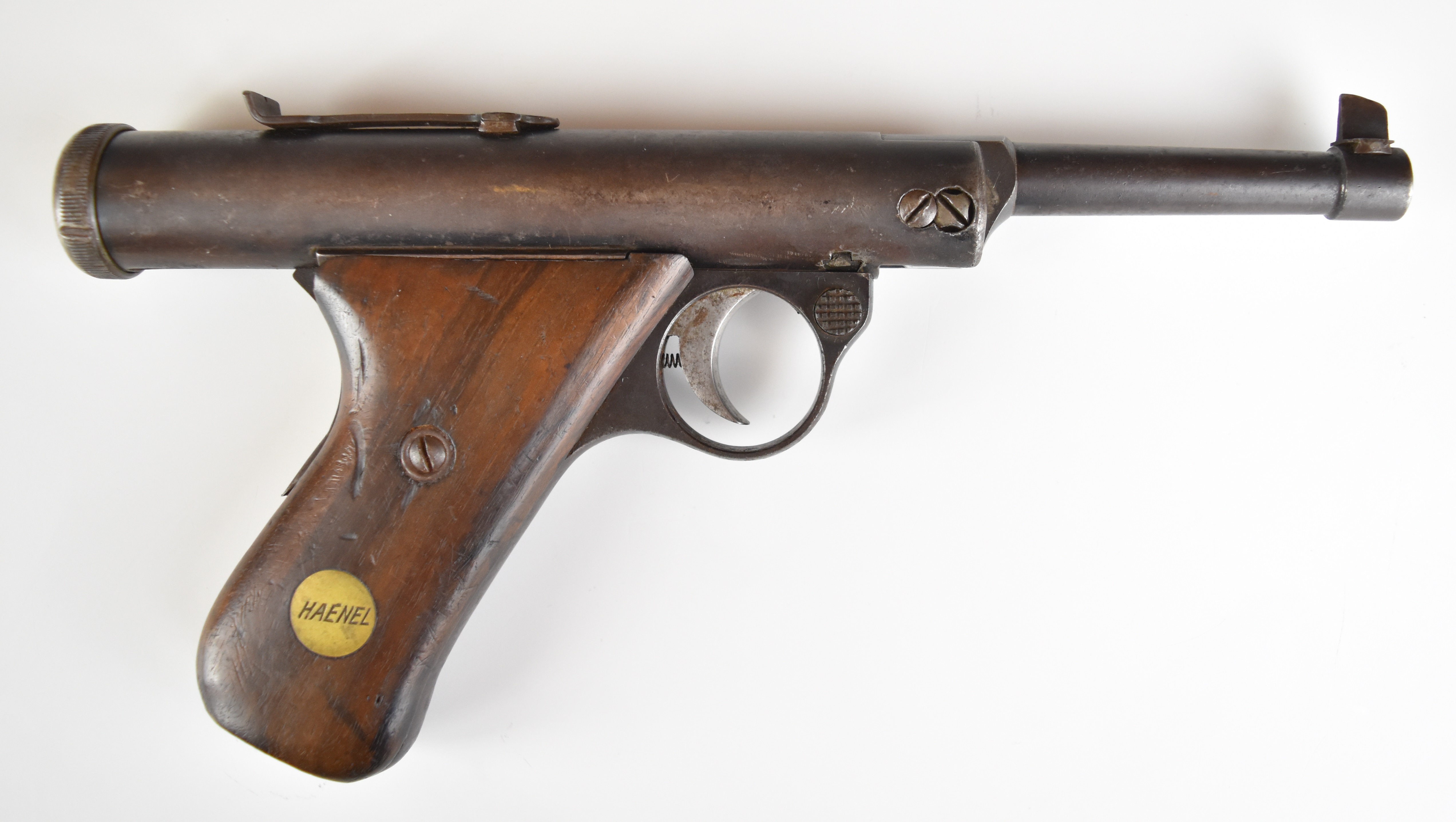 Haenel Model 28 .177 air pistol with inset maker's plaque to the wooden grips, top plate stamped '