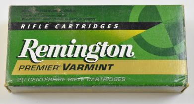 Twenty .222 Remington Remington Premier Varmint rifle cartridges, in original box. PLEASE NOTE