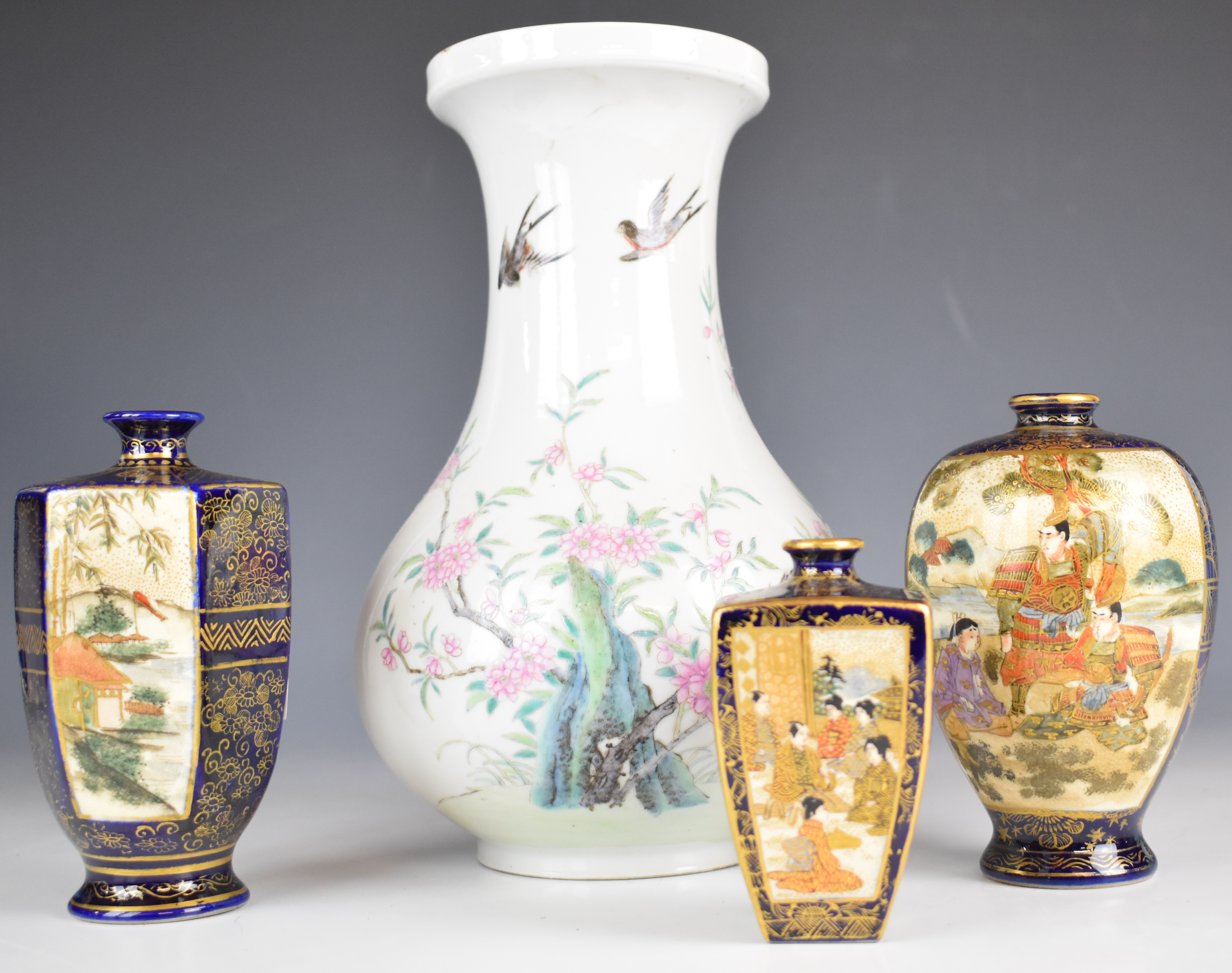 Three Japanese Kutani vases and a Chinese vase, tallest 23cm