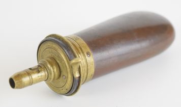 Sykes Colt style copper and brass bag shaped powder flask, 15.5cm long.