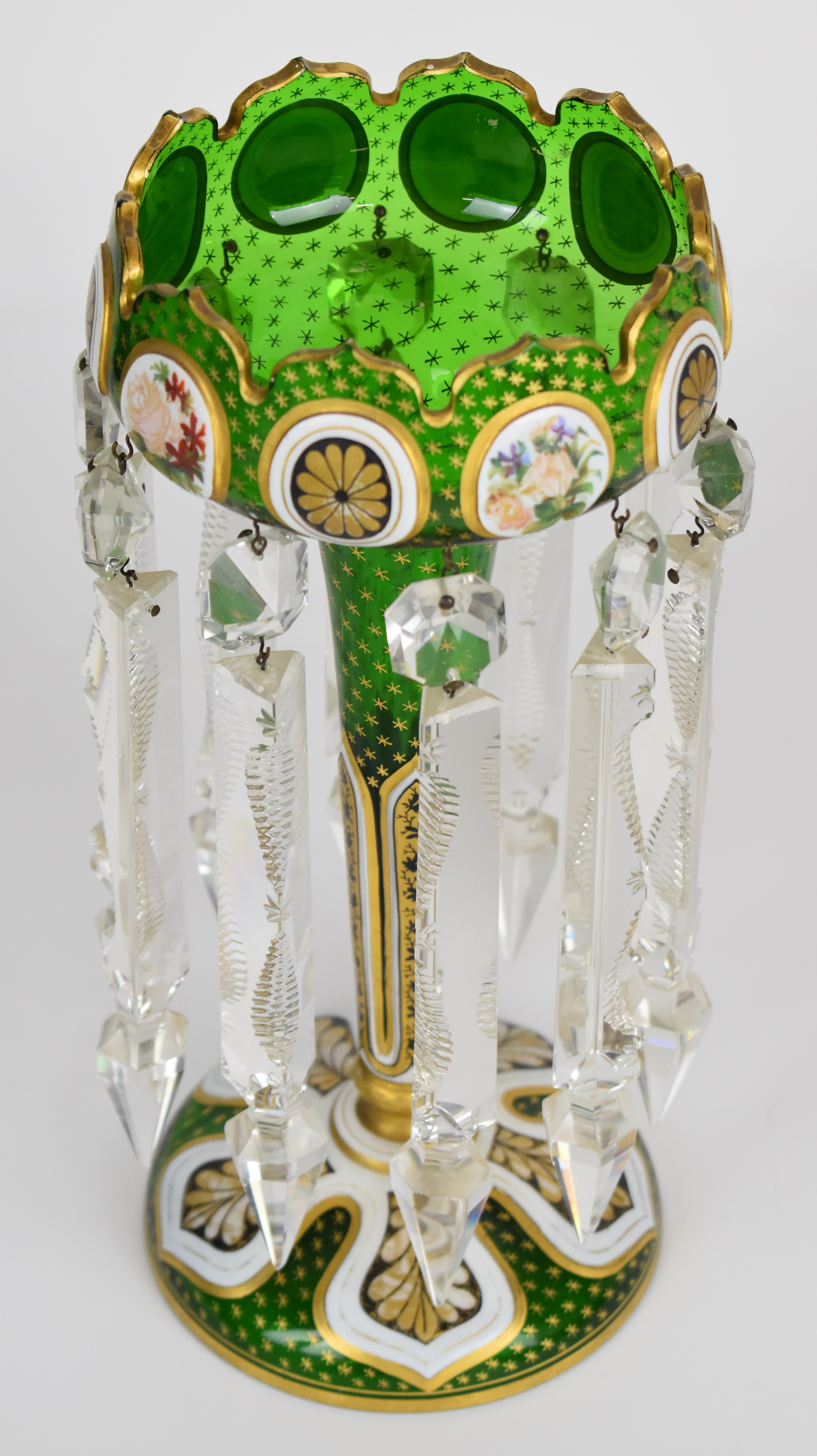 Victorian overlaid glass lustre vase with floral and gilt decoration over a green ground and clear - Image 2 of 6