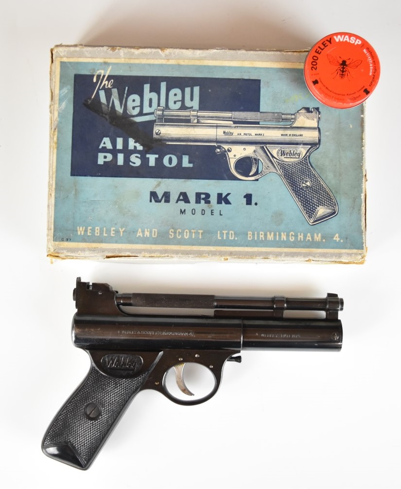 Webley Mark 1 .177 air pistol with named and chequered grips and adjustable sights and trigger,