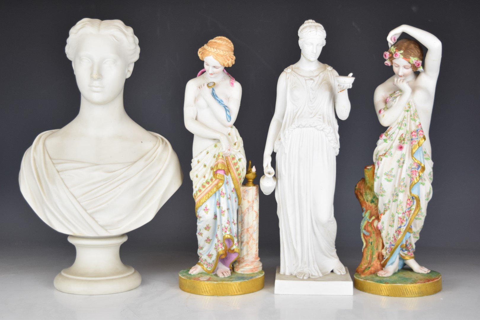 Pair of continental semi nude figurines, Parian ware continental bust and a Copenhagen figure, - Image 7 of 12