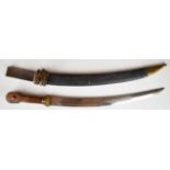 Continental short sword with wooden grips, 44cm double fullered curved blade, leather covered sheath