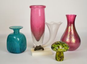 Five pieces of glassware including Mdina, Royal Brierley etc, largest 28cm tall.