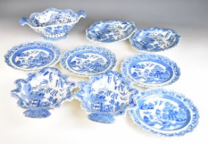 Early 19thC blue and white transfer printed dessert service including a twin handled pedestal
