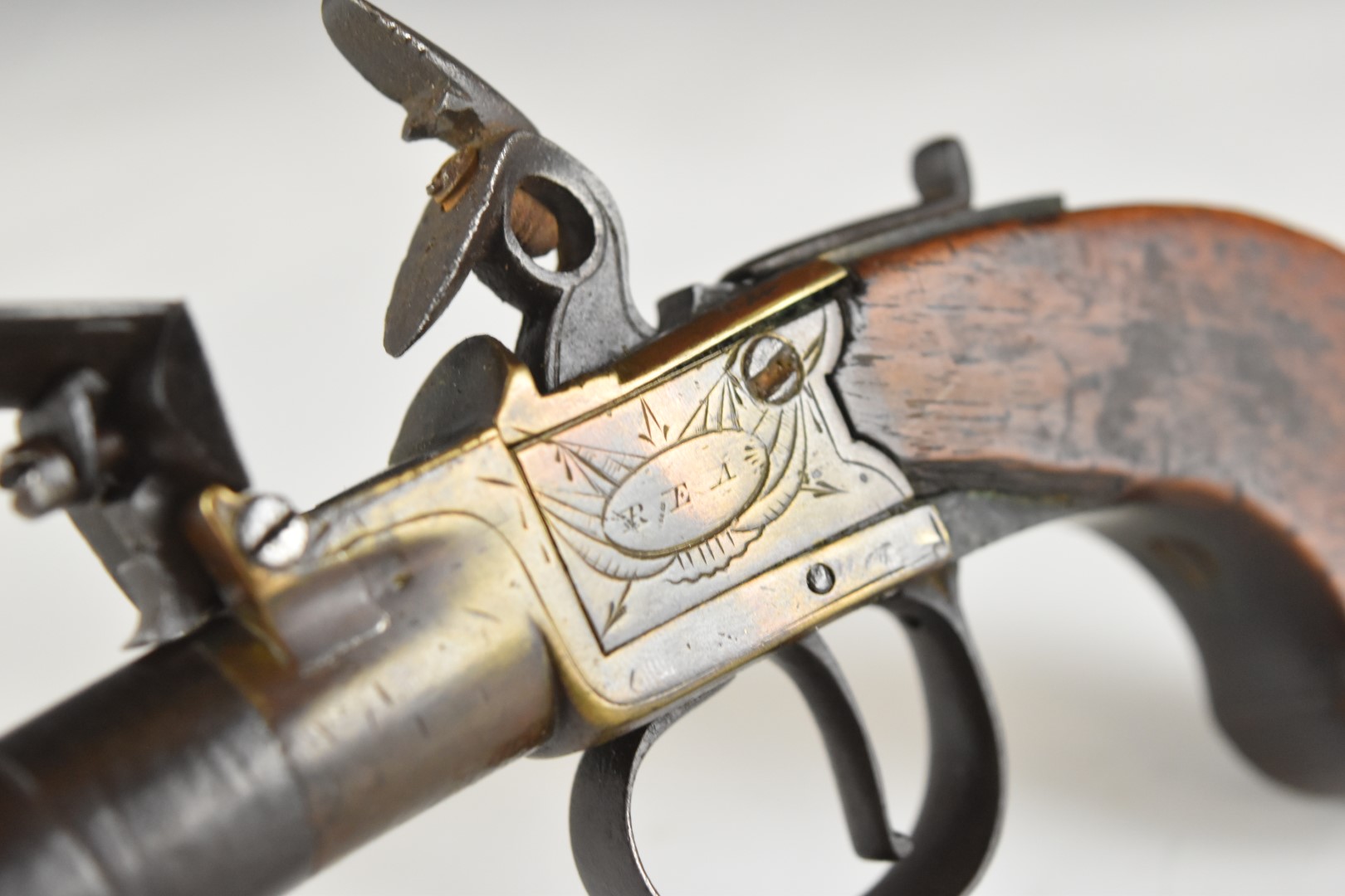 Rea of London flintlock pocket pistol with named and engraved brass lock, thumb slide safety, shaped - Image 7 of 11