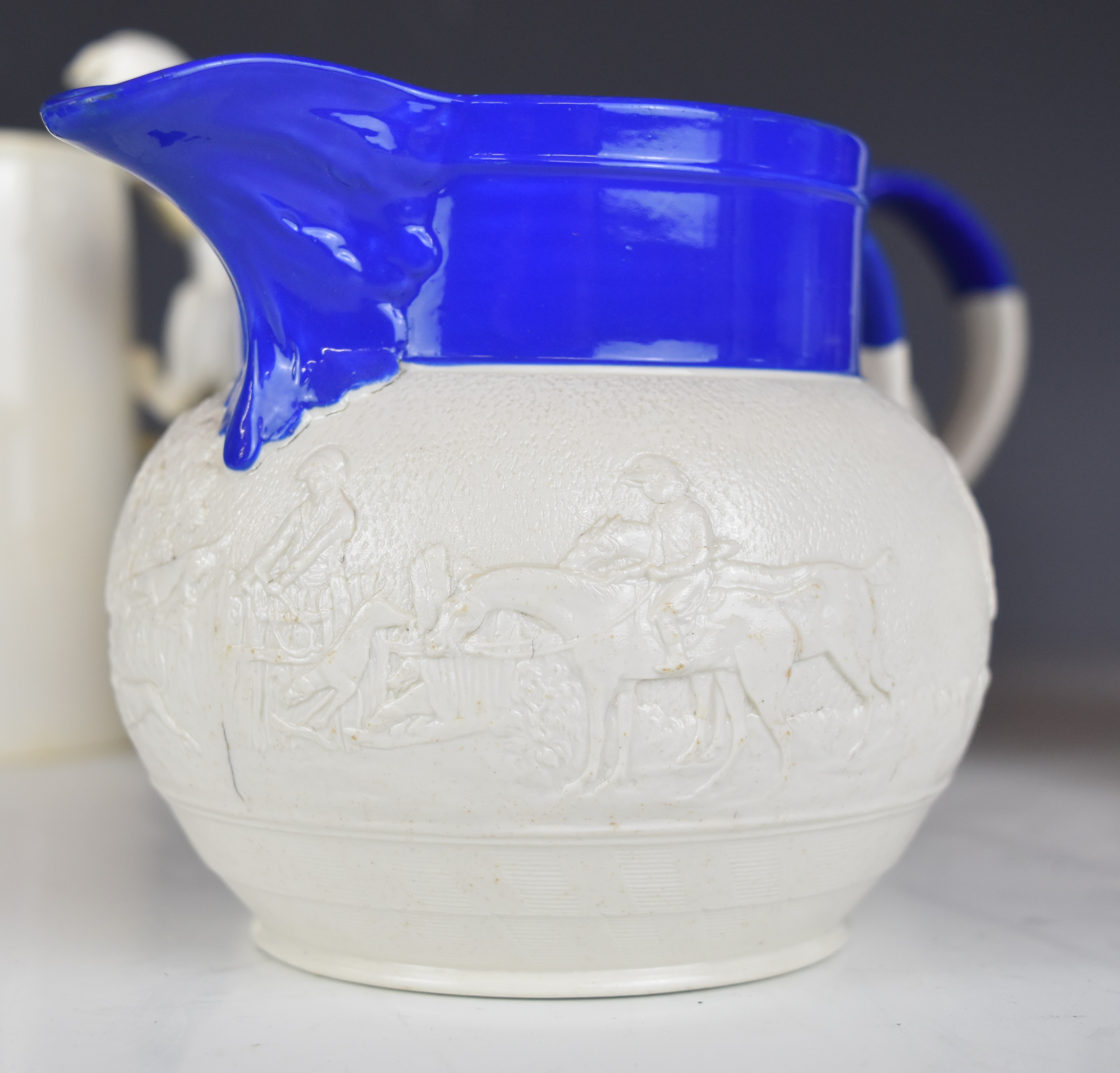 Six Copeland / Copeland and Garrett jugs, four with relief moulded decoration of hunting scenes, one - Image 4 of 9