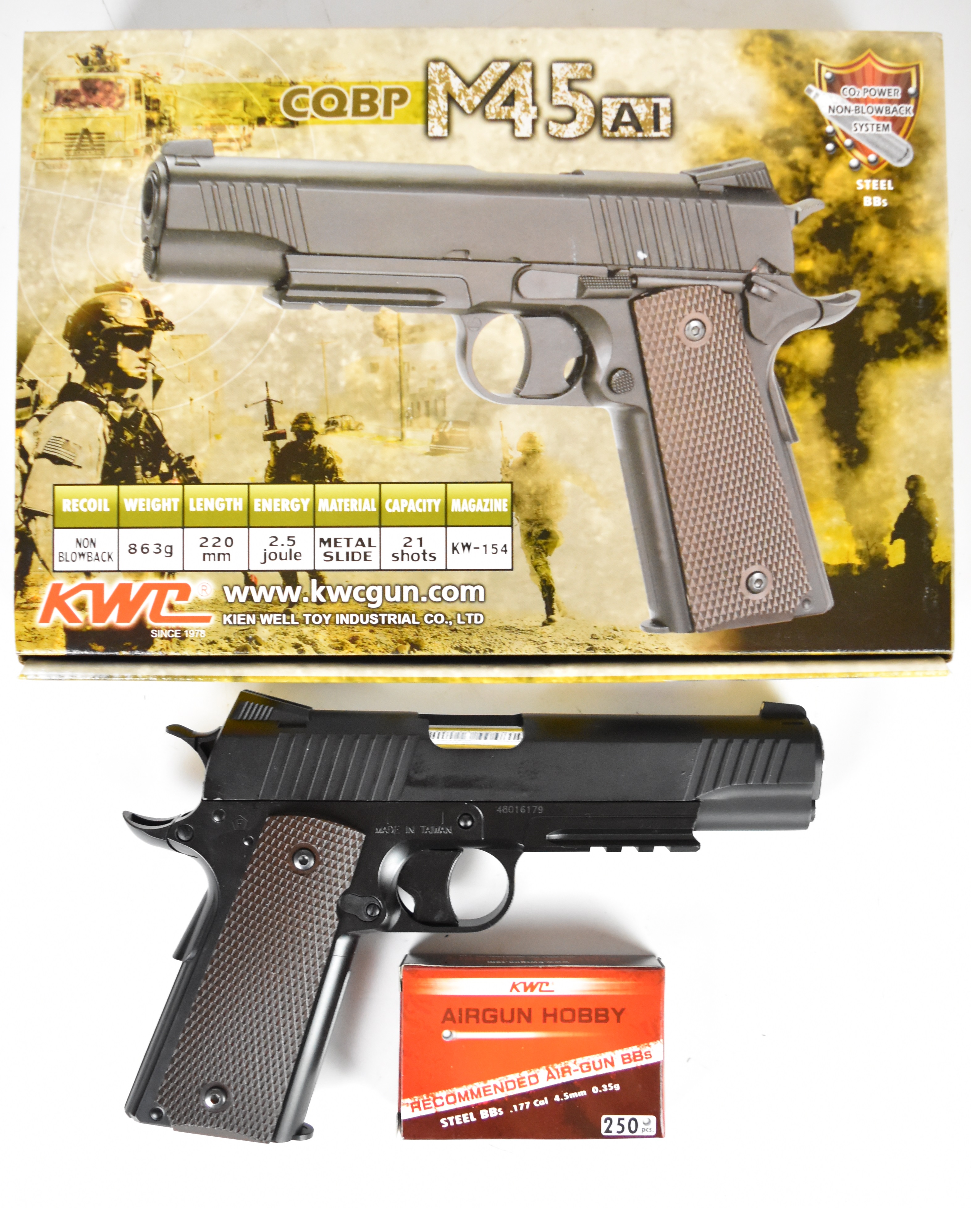 KWC M45 A1 .177 CO2 air pistol with chequered grips and 21 shot magazine, serial number 48016179, in