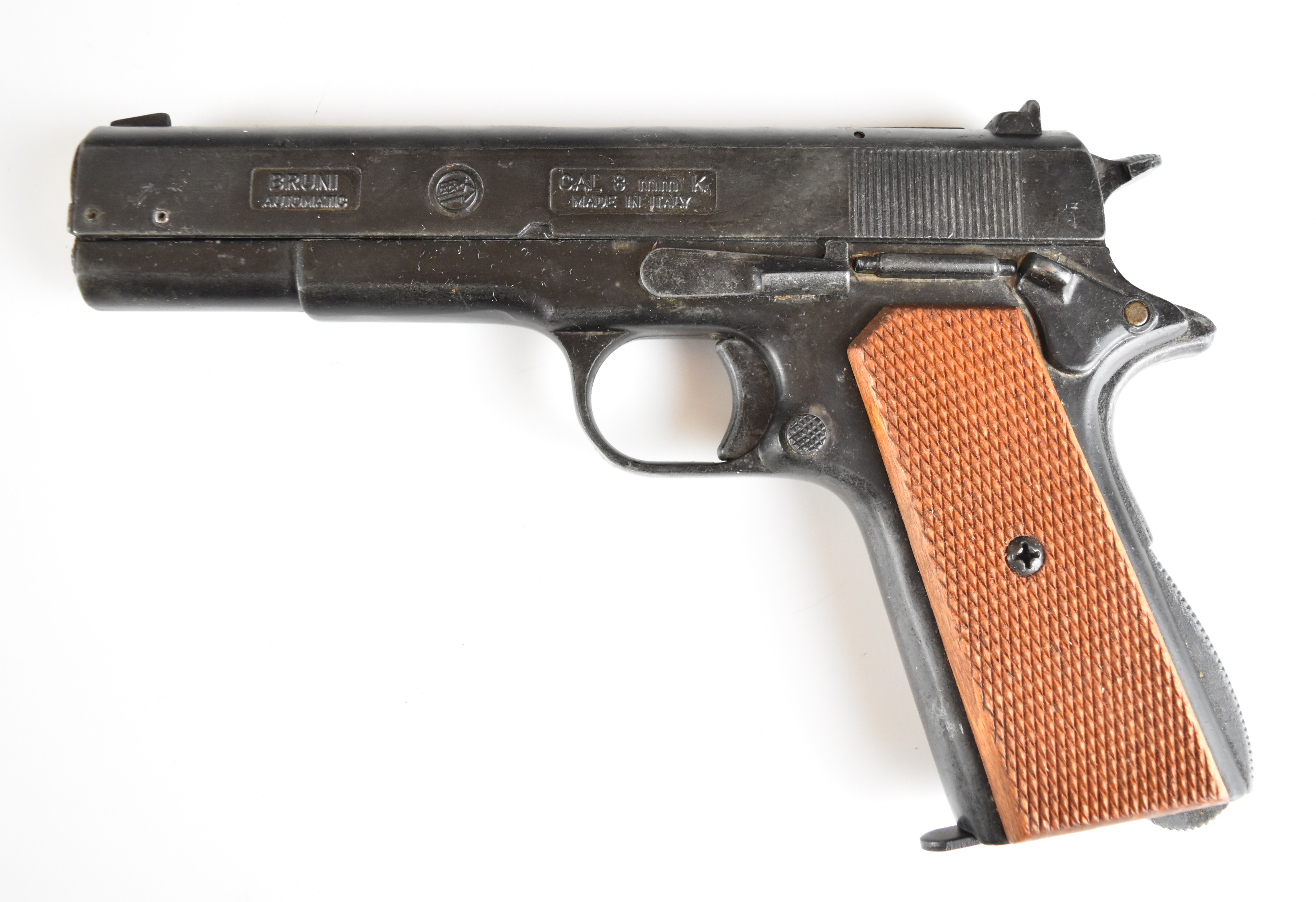 BBM Bruni 8mm blank firing pistol with chequered wooden grips, in original fitted box. - Image 3 of 14