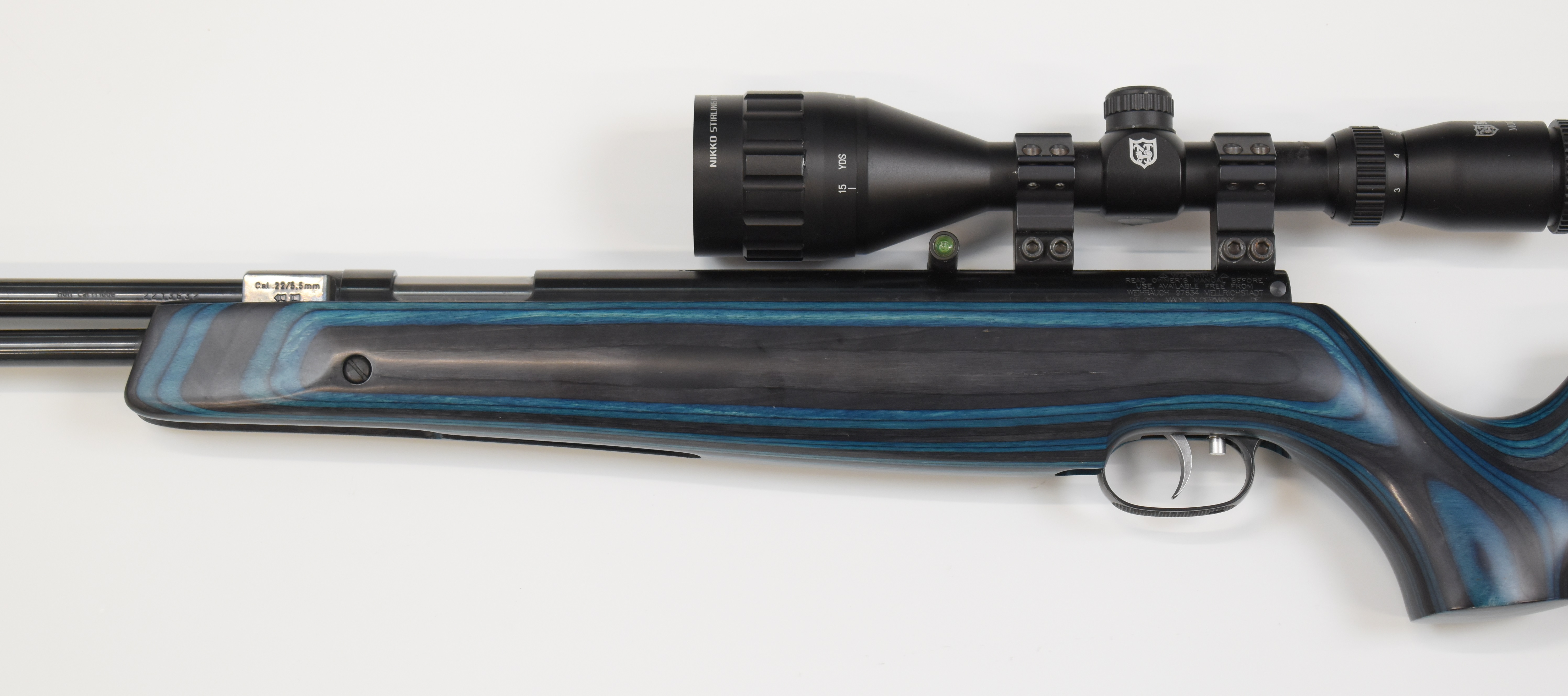 Weihrauch HW97K .22 underlever air rifle with blue laminated show wood stock, semi-pistol grip, - Image 8 of 10