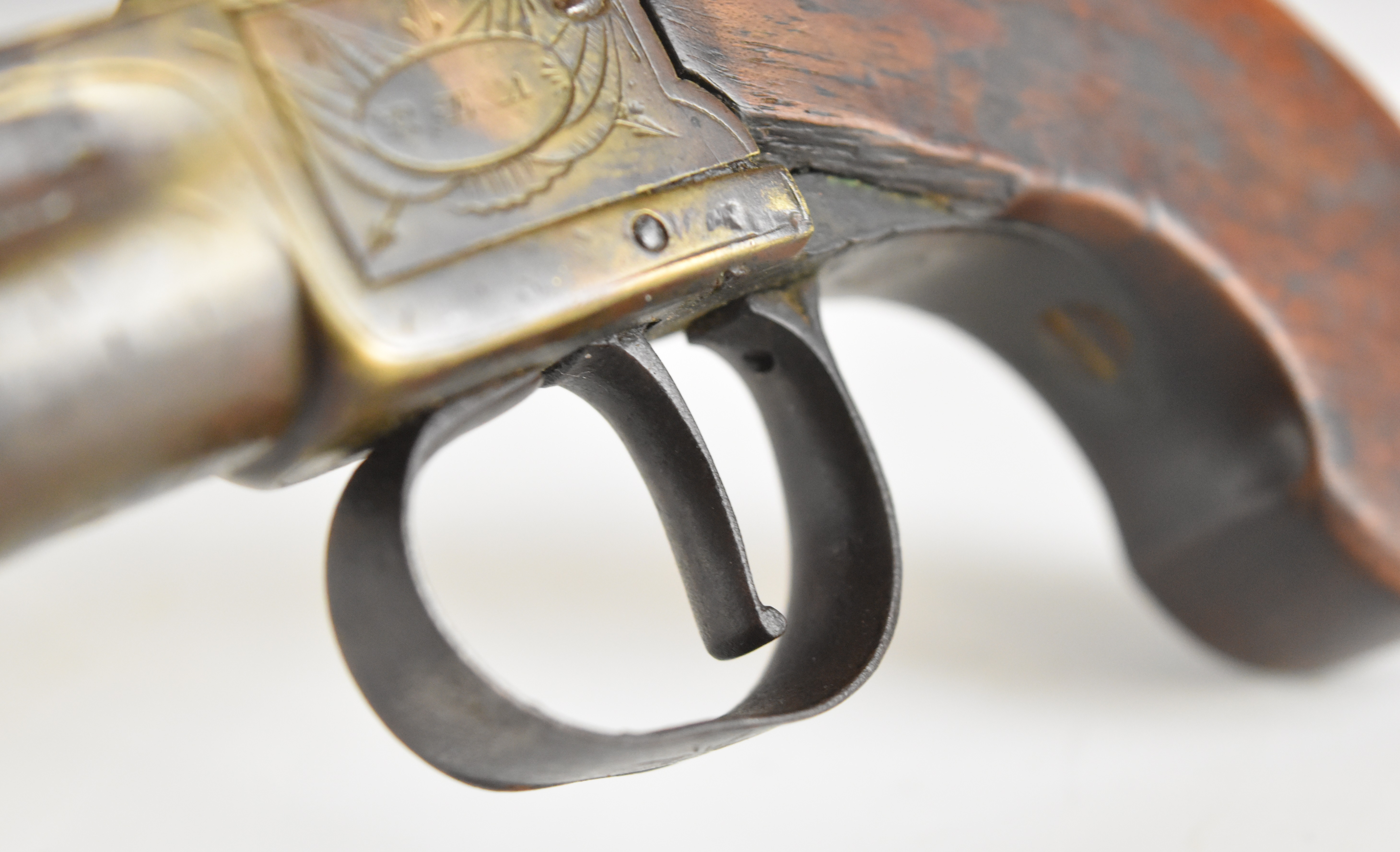 Rea of London flintlock pocket pistol with named and engraved brass lock, thumb slide safety, shaped - Image 6 of 11