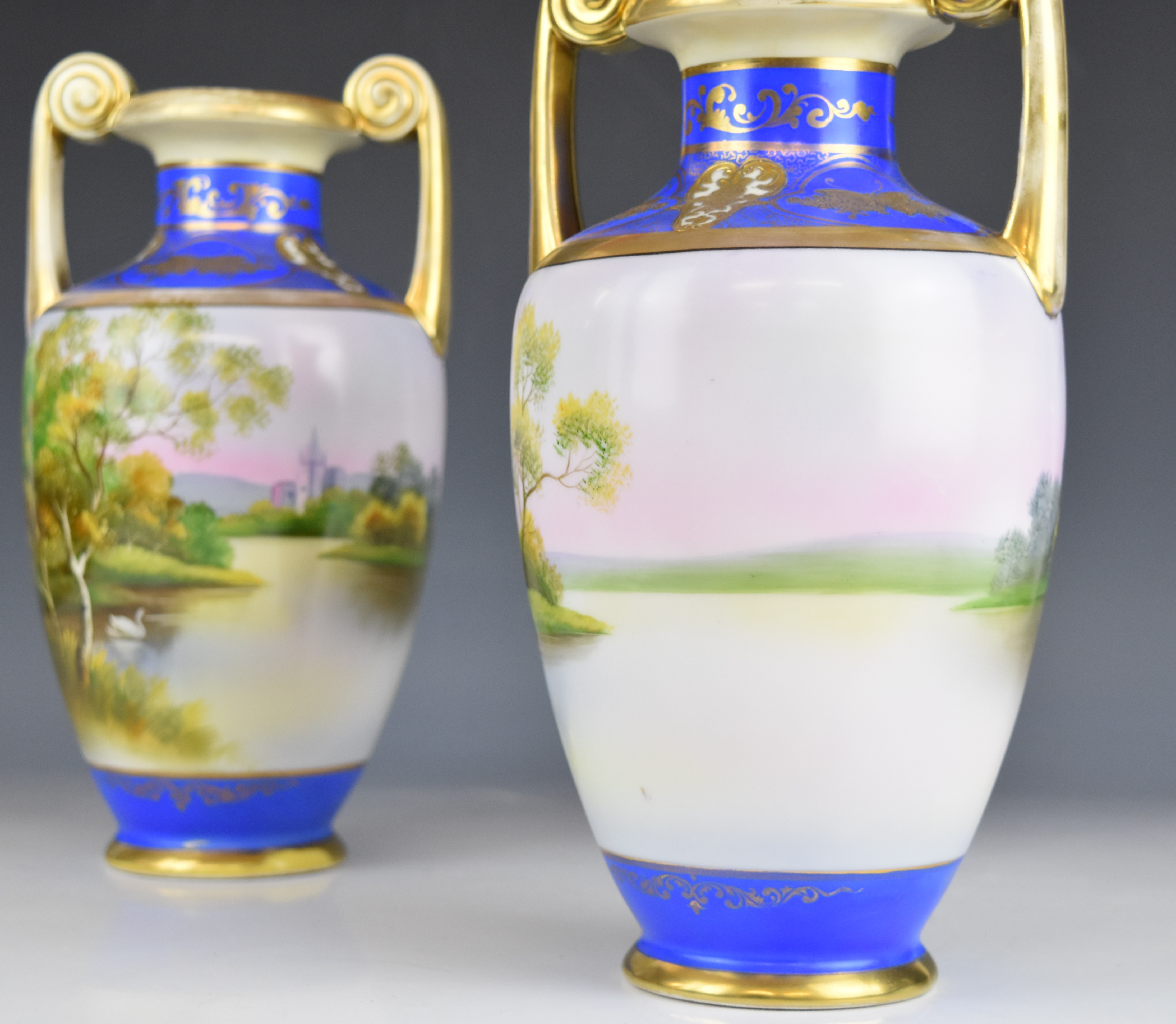 Noritake pair of twin handled pedestal urn shaped vases with pastoral decoration, height 30cm - Image 5 of 14