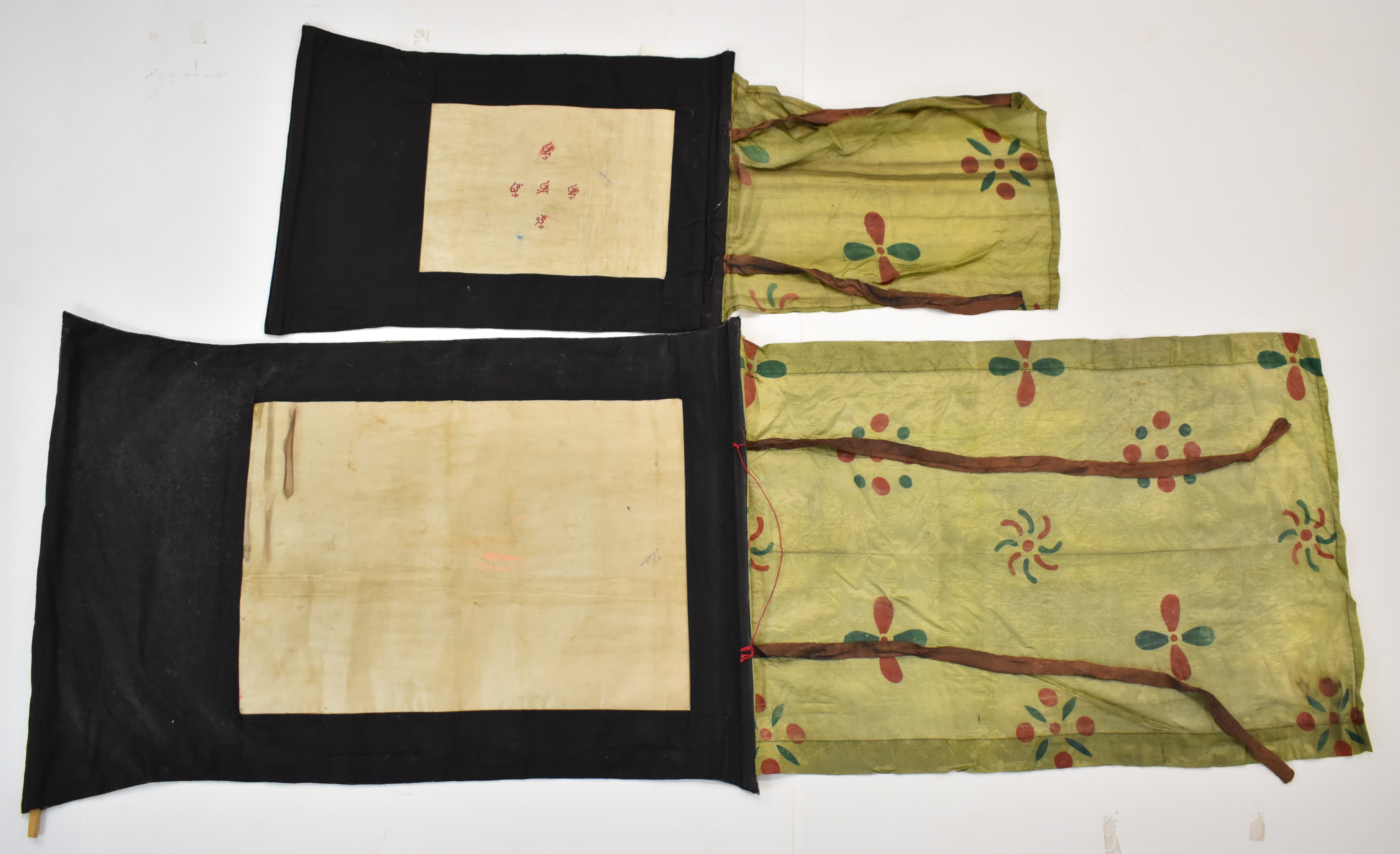 Two Indian watercolour scroll paintings laid on embroidered fabric, largest 105 x 65cm - Image 2 of 8