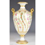 Royal Crown Derby twin handled pedestal vase decorated with roses and hips, height 21cm