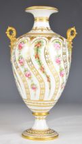 Royal Crown Derby twin handled pedestal vase decorated with roses and hips, height 21cm