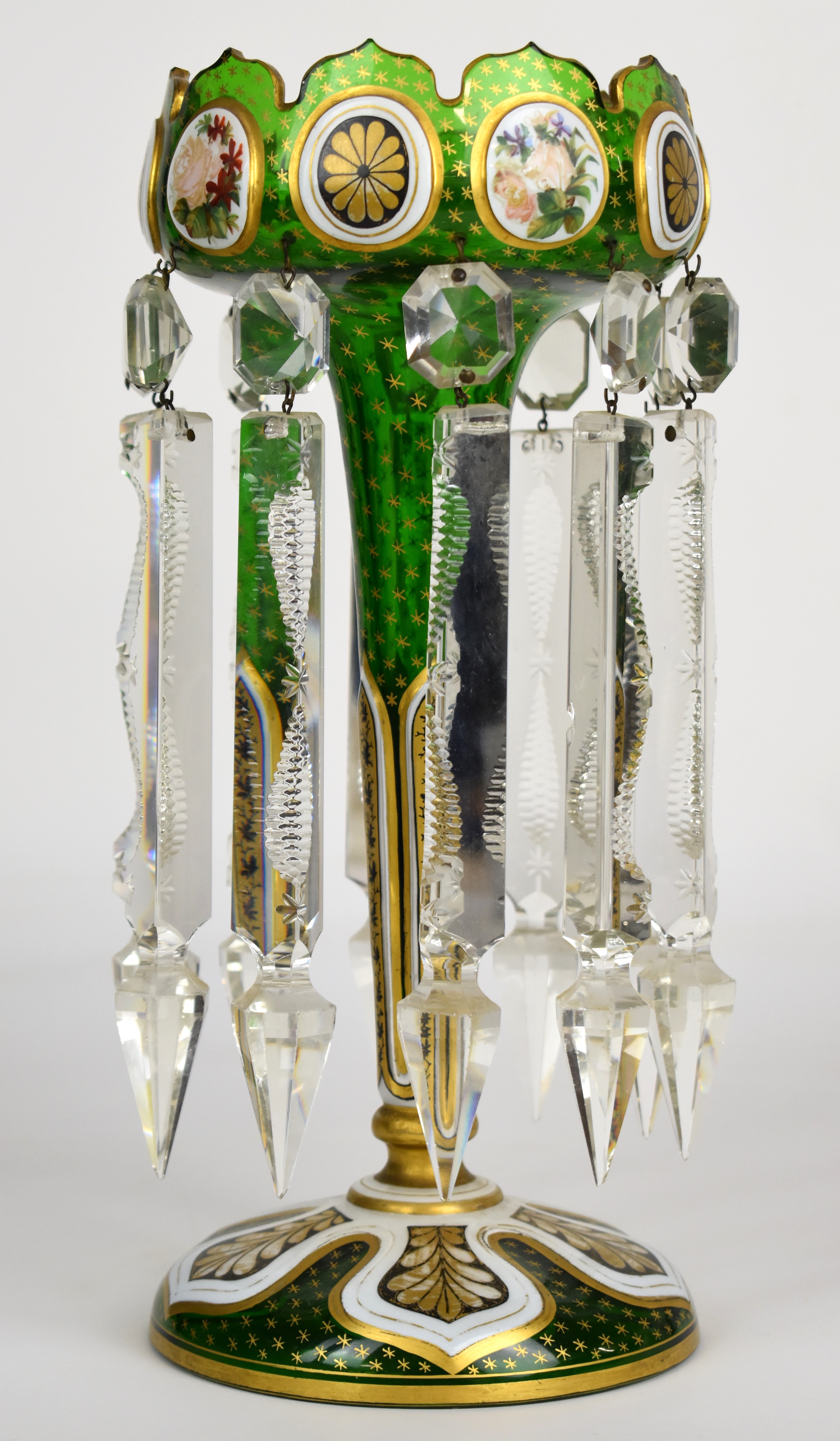 Victorian overlaid glass lustre vase with floral and gilt decoration over a green ground and clear - Image 4 of 6