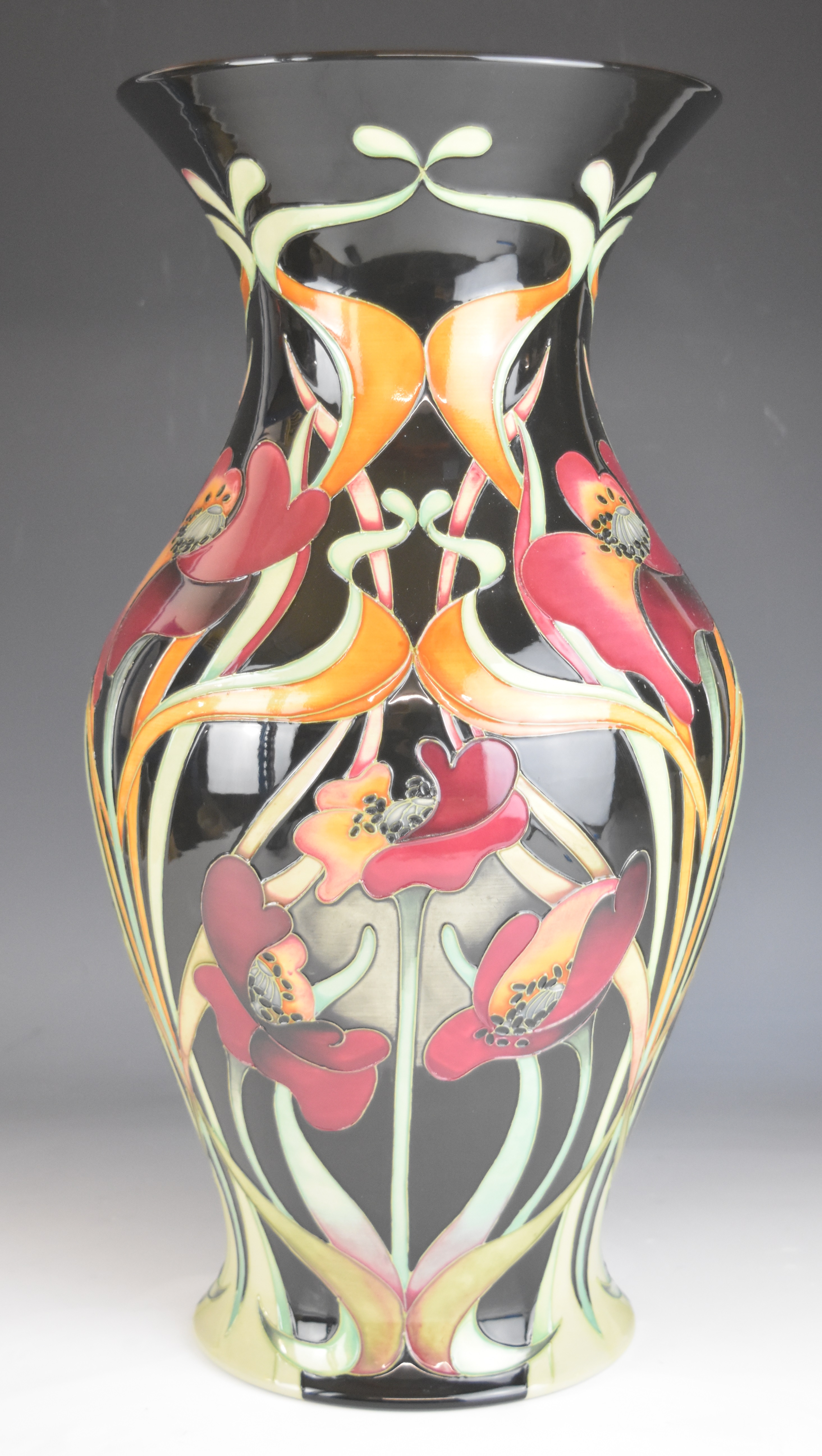 Moorcroft prestige vase 'In Praise of Poppies' with 'Trial 22-7-11' to base and label stating