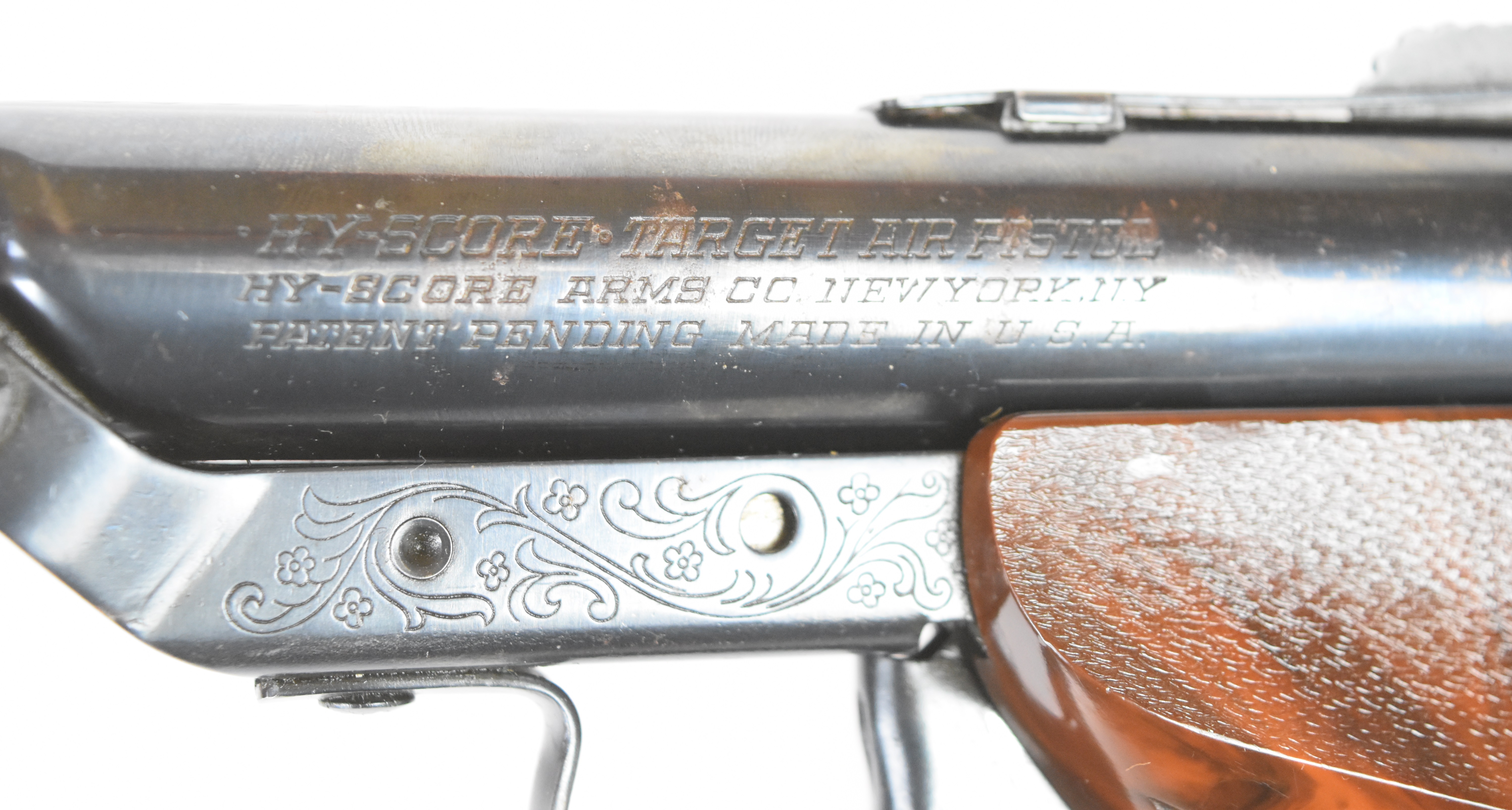 Hy-Score .22 target air pistol with engraved frame, named, shaped and chequered Bakelite grips and - Image 7 of 11