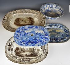 19thC transfer printed sepia meat platter the well decorated with Trentham Hall scene and a