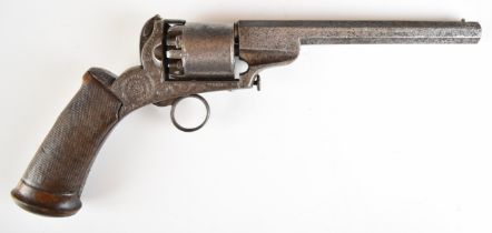 Belgian 54 bore six-shot self-cocking percussion revolver with ring trigger, engraved frame and butt