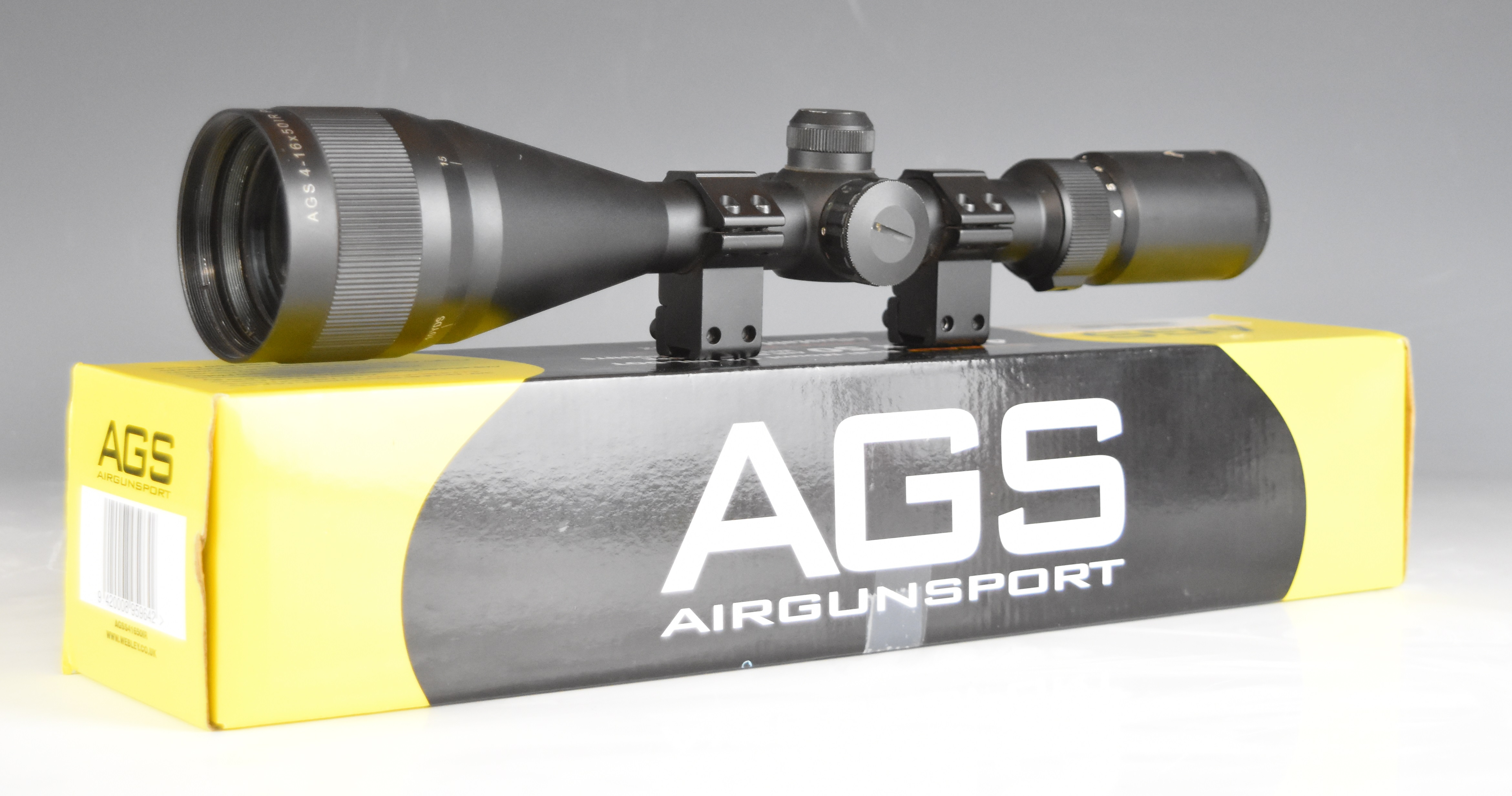 AGS Cobolt 4-16x50 IR PA air rifle scope with illuminated reticle and match mounts, in original box.