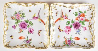 Chelsea porcelain pair of shaped square shallow dishes decorated with exotic birds, flora and fauna,