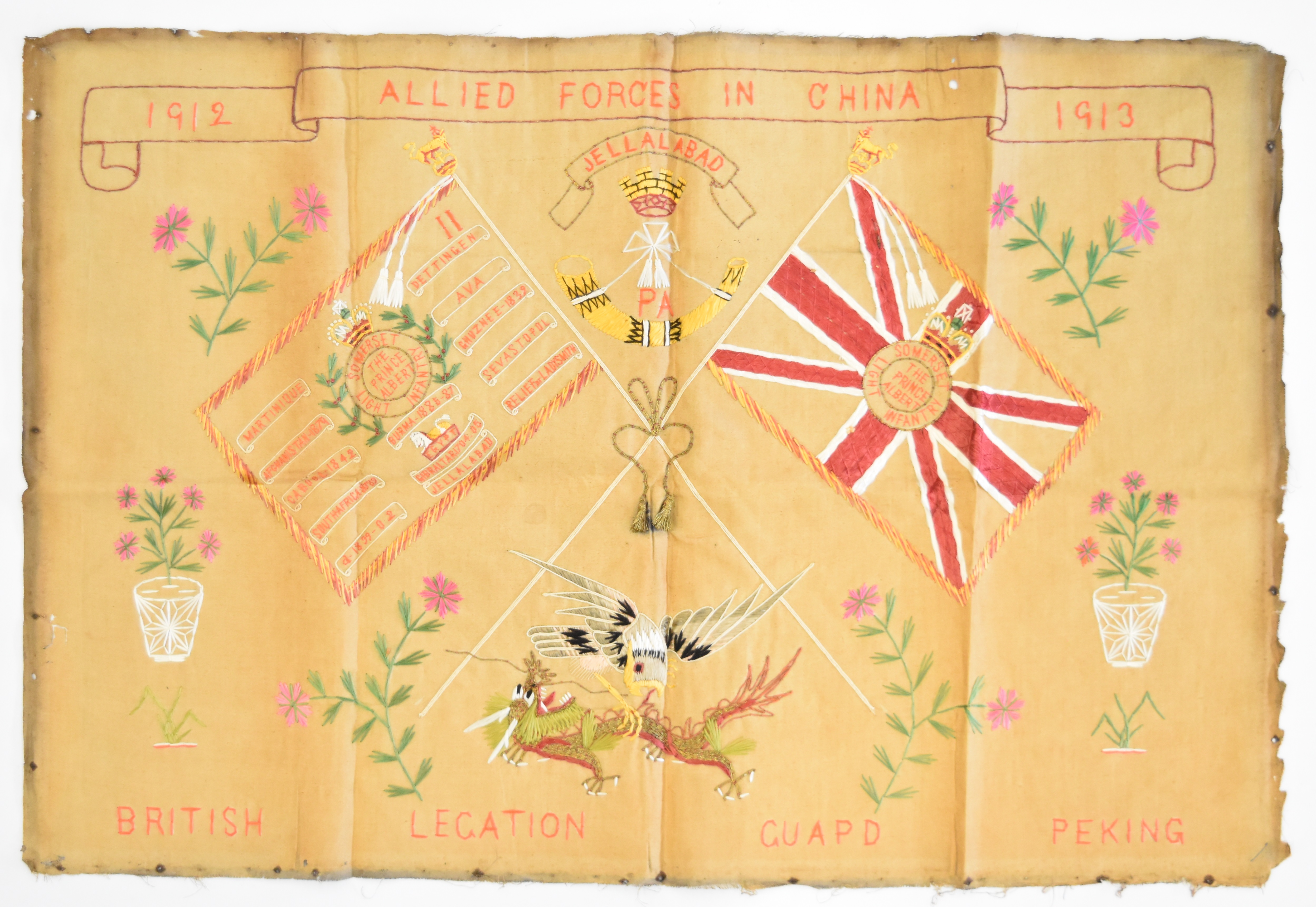 Somerset Light Infantry interest silk work panel to commemorate the British Ligation Allied Forces
