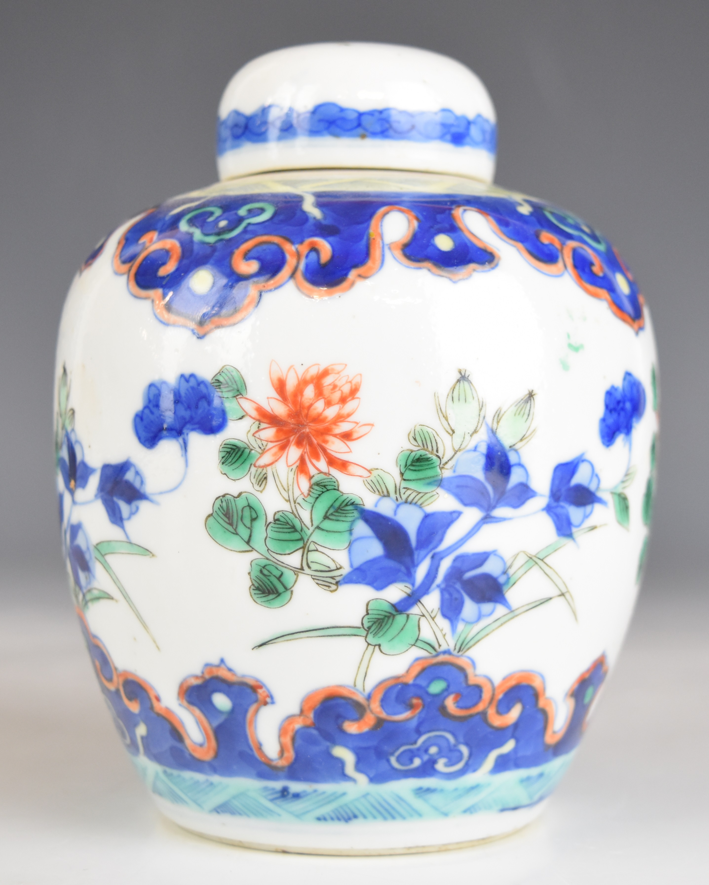 19thC Chinese covered ginger jar with botanical decoration and four character mark to base, height - Image 6 of 8