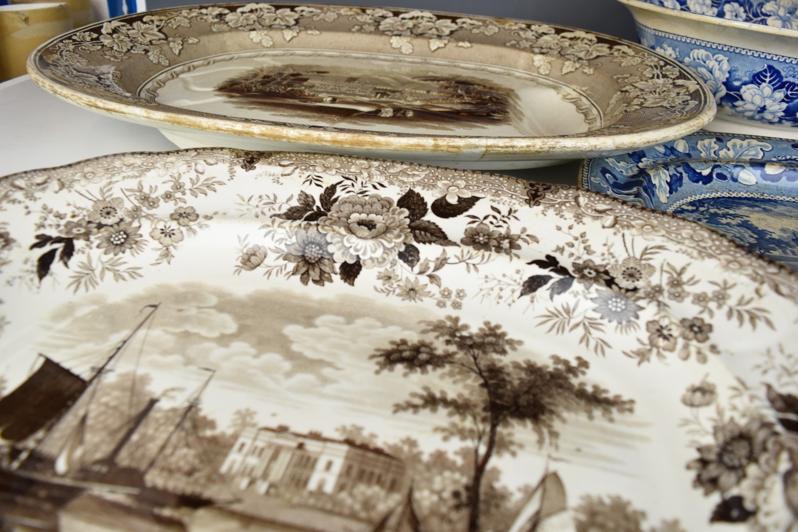 19thC transfer printed sepia meat platter the well decorated with Trentham Hall scene and a - Image 11 of 16