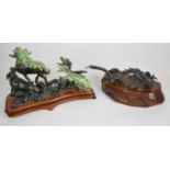 Bronze dragon and jade or similar hardstone carving of a dog fighting mountain goats, etc