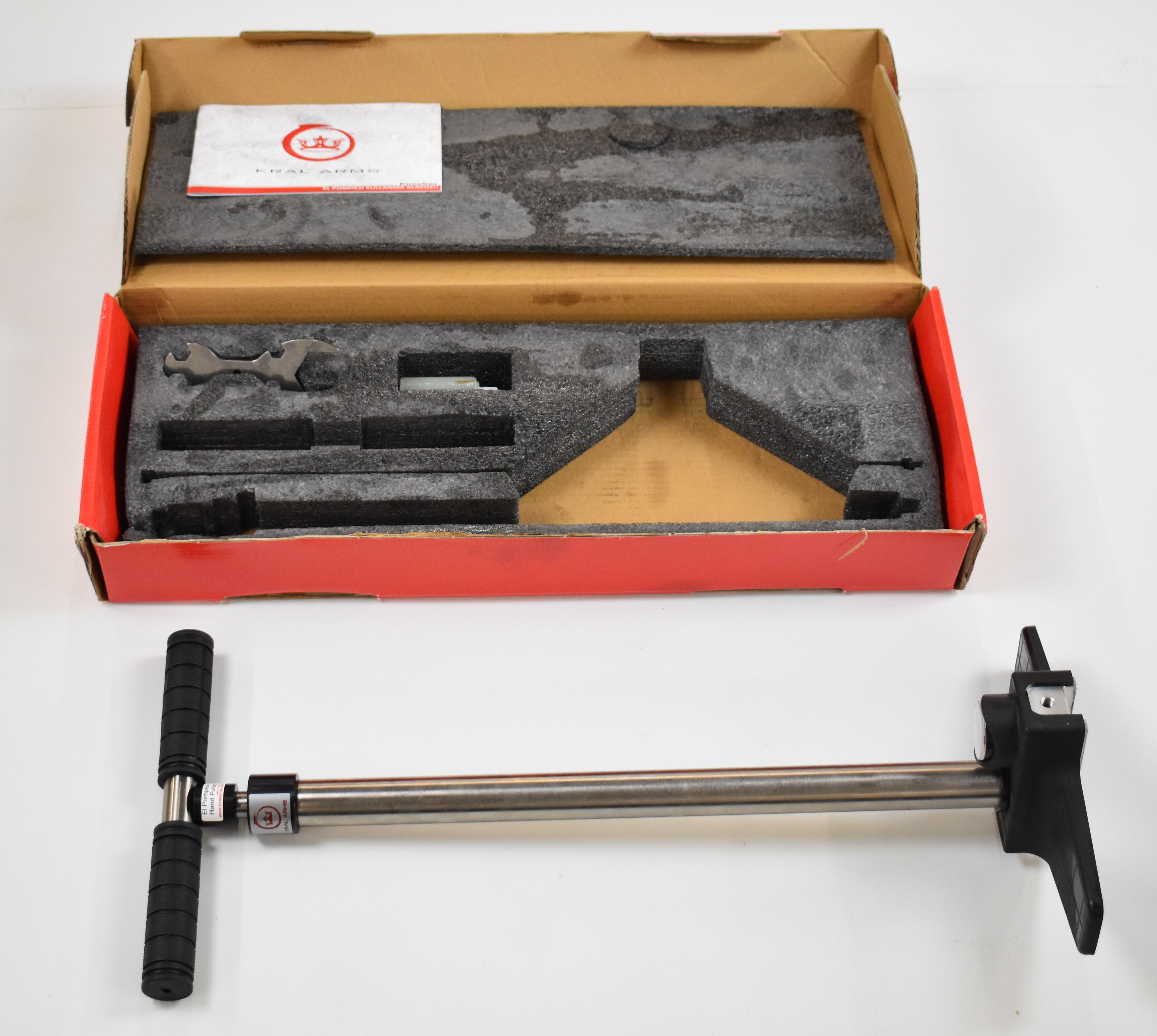Kral Arms PCP air rifle or pistol pump, in original box with accessories and instructions.
