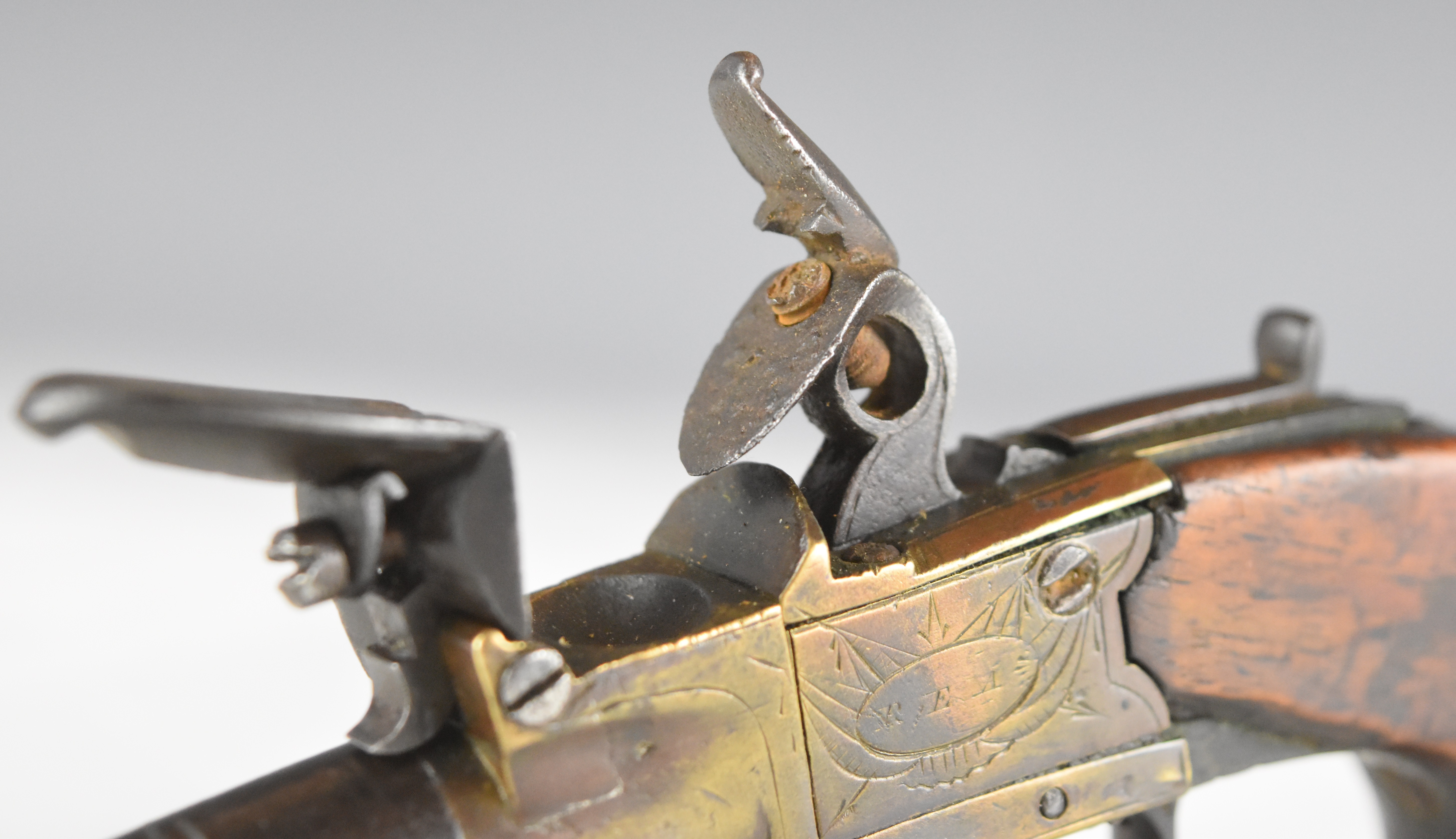 Rea of London flintlock pocket pistol with named and engraved brass lock, thumb slide safety, shaped - Image 9 of 11