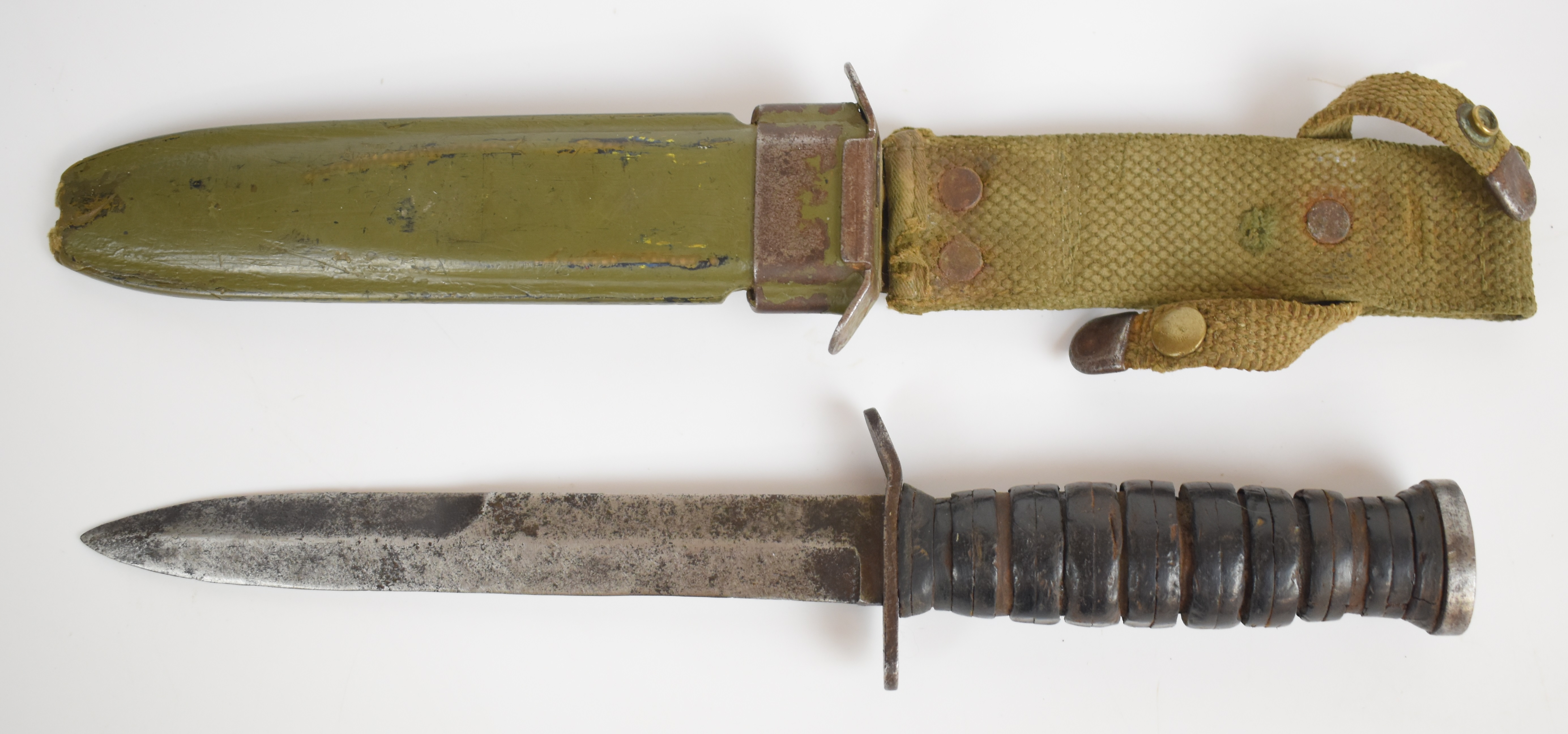 American WW2 fighting knife with leather grip, USM3 Imperial marked to double edged 17cm blade,