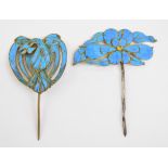 Two 19thC Chinese hat pins / hair ornaments set with kingfisher wing, one in the form of a phoenix